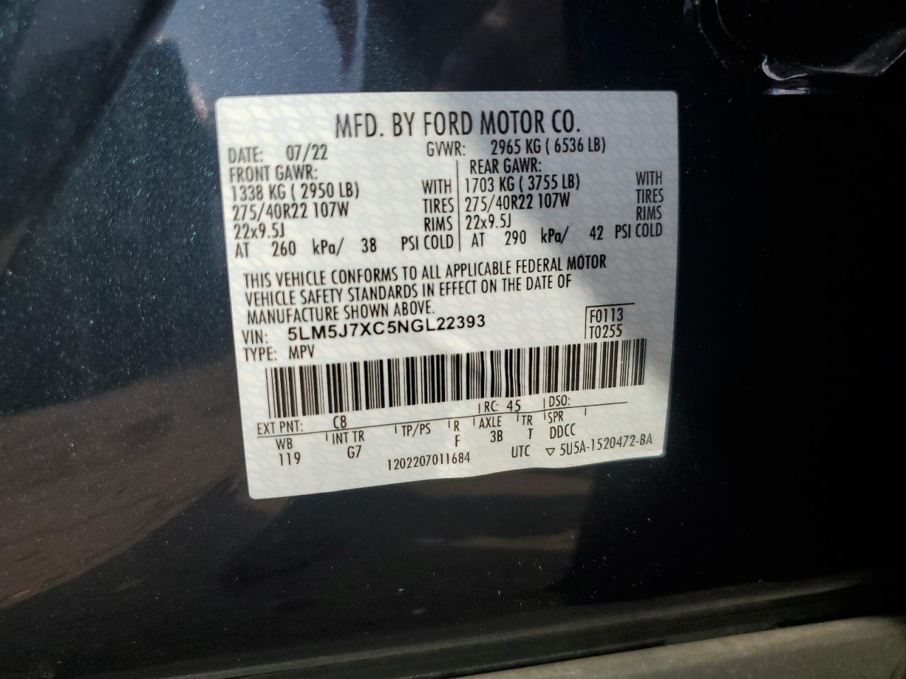 2022 Lincoln Aviator Reserve VIN: 5LM5J7XC5NGL22393 Lot: 80709415