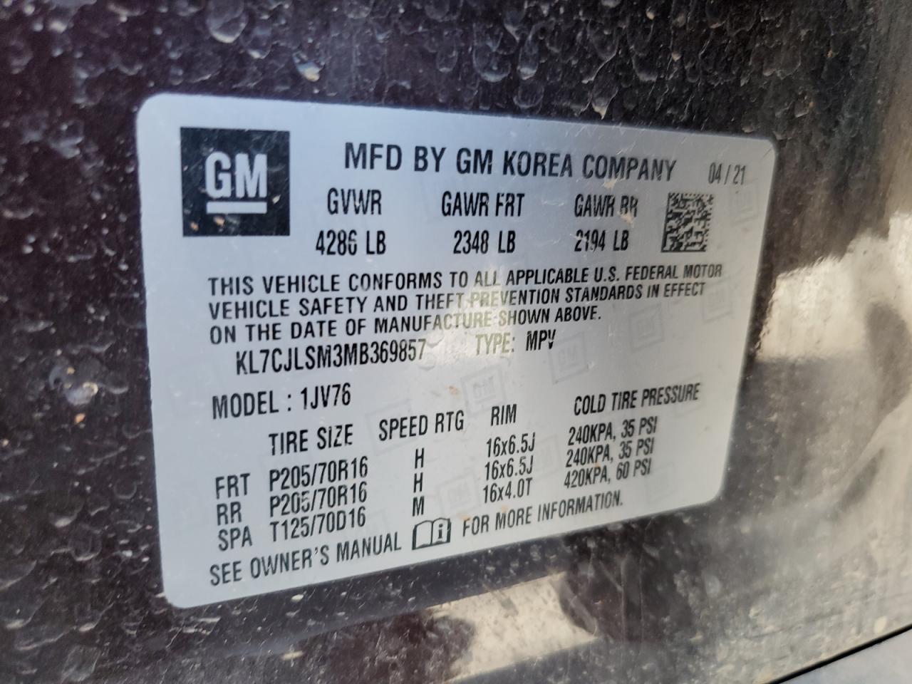 2021 Chevrolet Trax 1Lt VIN: KL7CJLSM3MB369857 Lot: 81872185