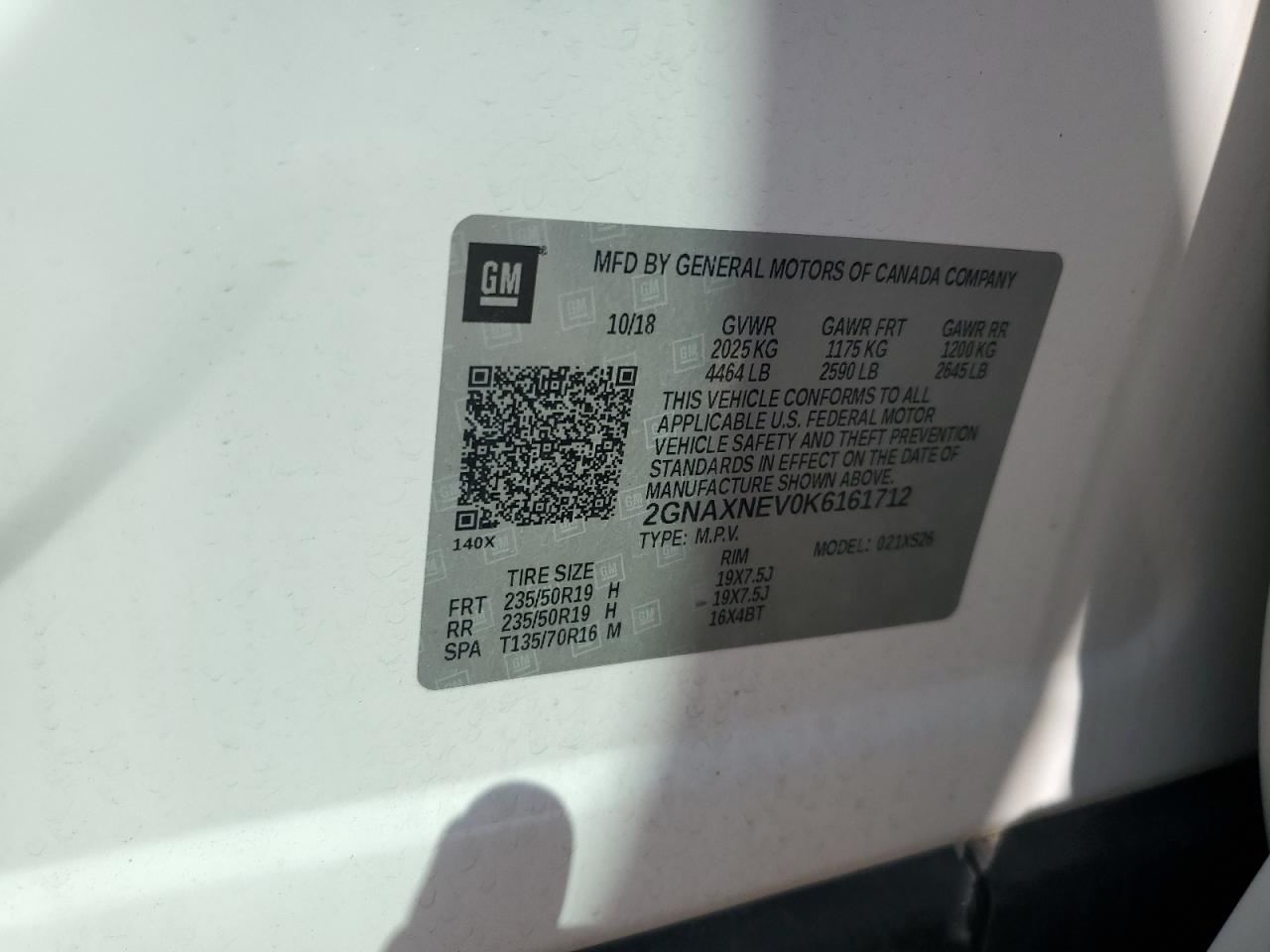 2019 Chevrolet Equinox Premier VIN: 2GNAXNEV0K6161712 Lot: 81473245