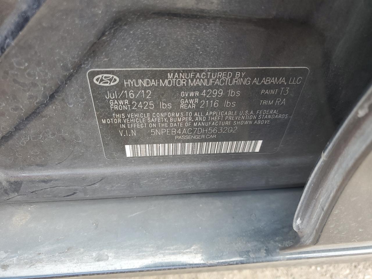 2013 Hyundai Sonata Gls VIN: 5NPEB4AC7DH563202 Lot: 71535395