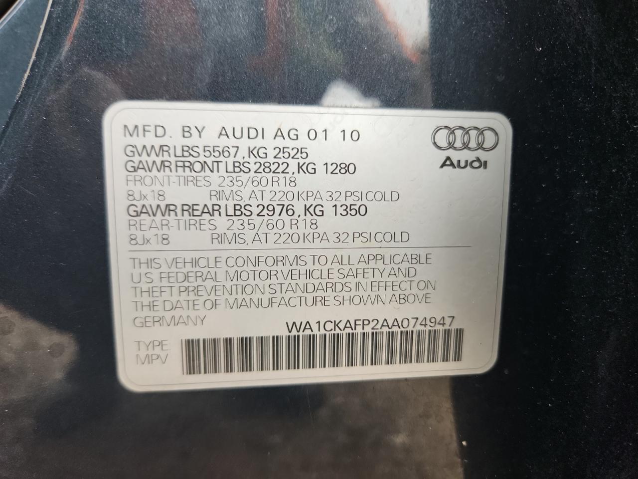 2010 Audi Q5 Premium VIN: WA1CKAFP2AA074947 Lot: 81798165
