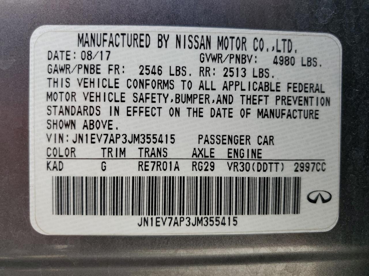 2018 Infiniti Q50 Luxe VIN: JN1EV7AP3JM355415 Lot: 81795925