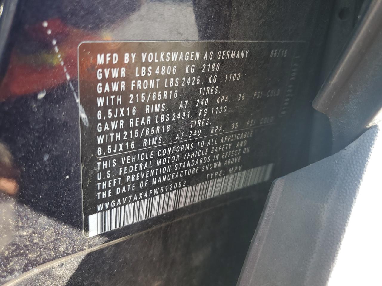 2015 Volkswagen Tiguan S VIN: WVGAV7AX4FW612052 Lot: 81745825