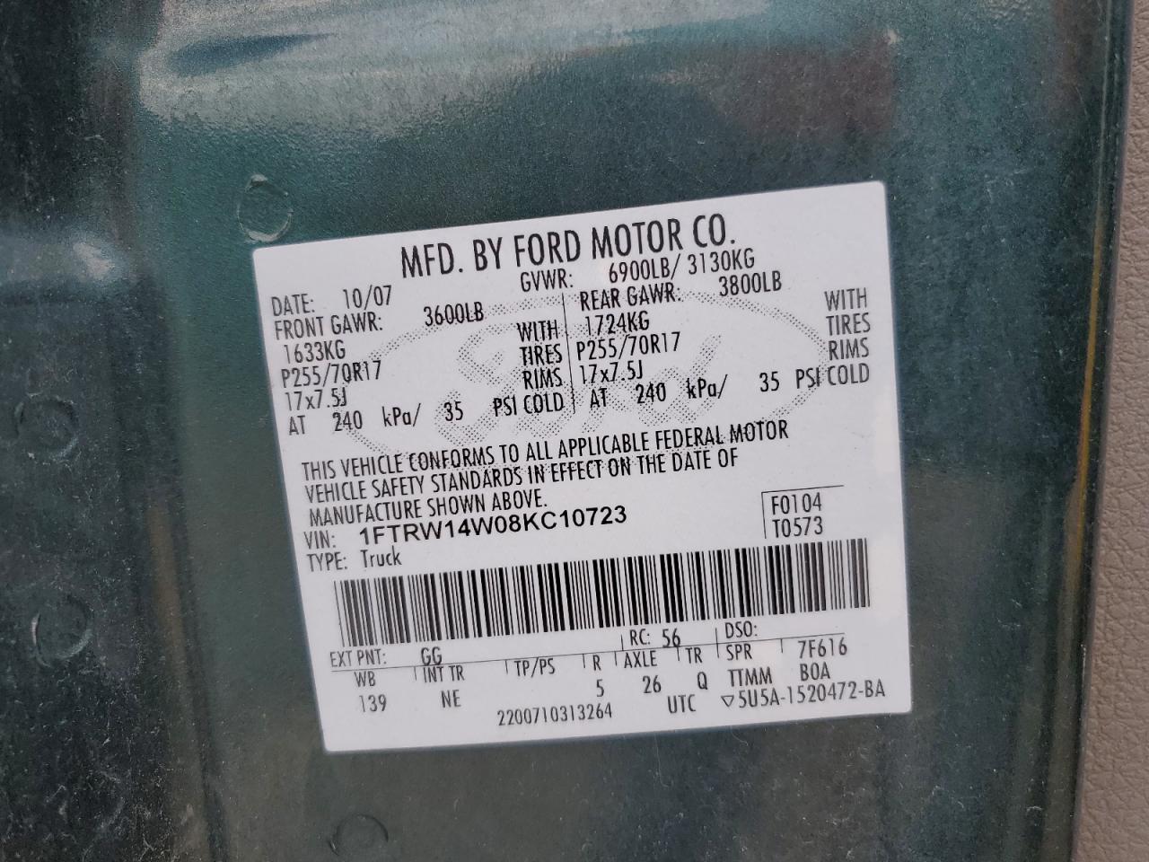 2008 Ford F150 Supercrew VIN: 1FTRW14W08KC10723 Lot: 71074255