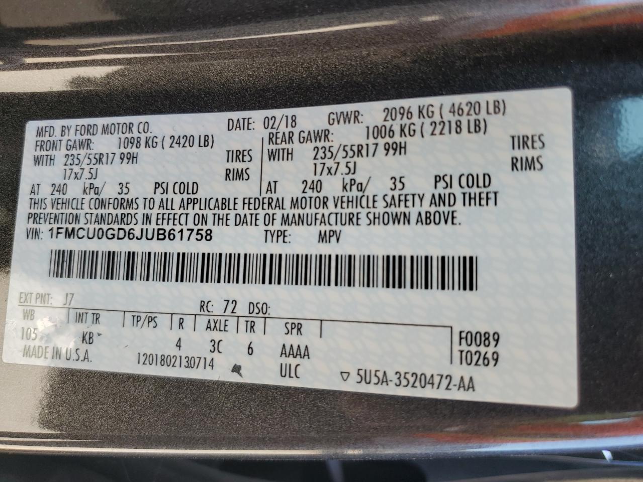 2018 Ford Escape Se VIN: 1FMCU0GD6JUB61758 Lot: 80792075