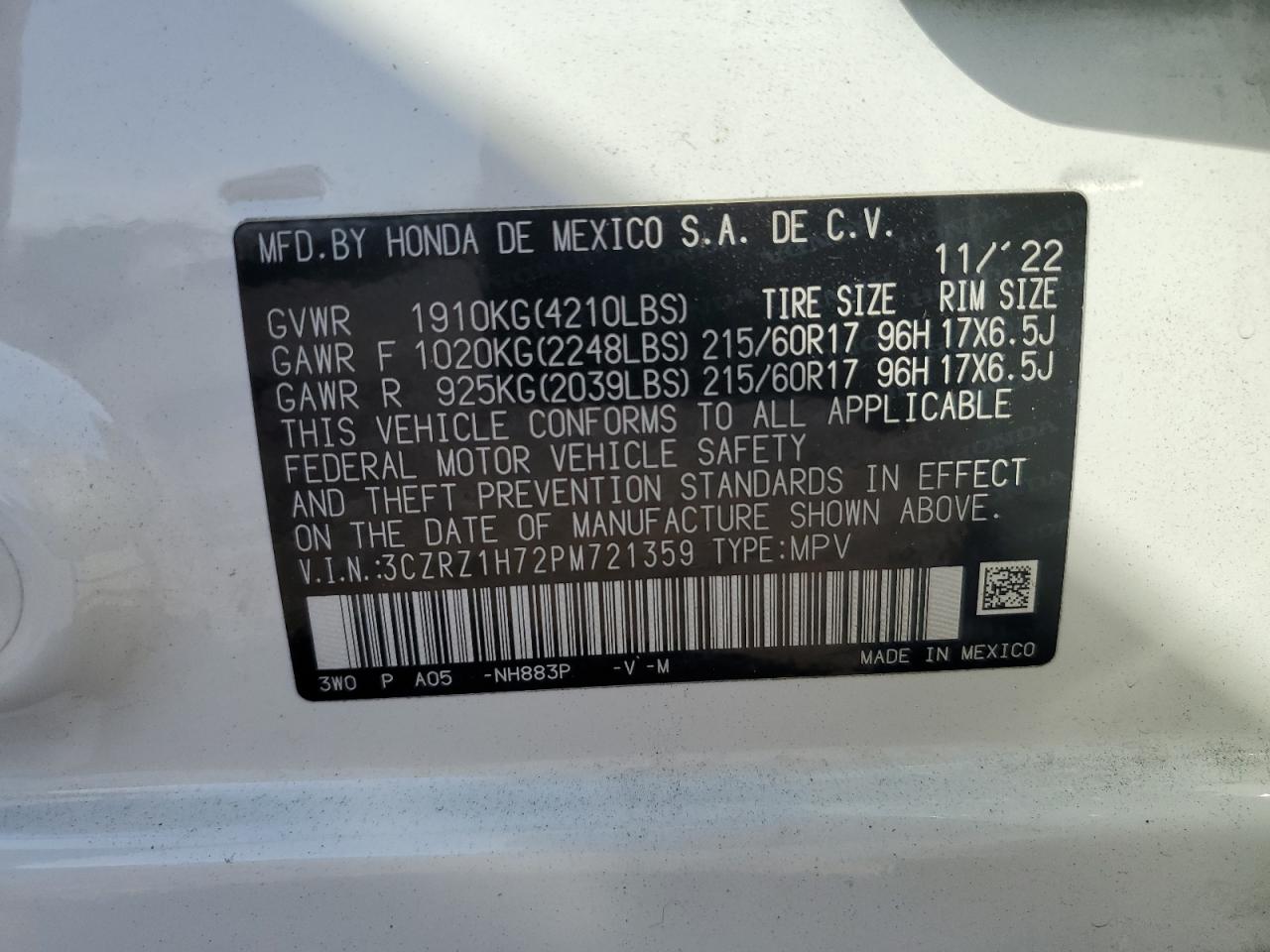 2023 Honda Hr-V Exl VIN: 3CZRZ1H72PM721359 Lot: 83985625
