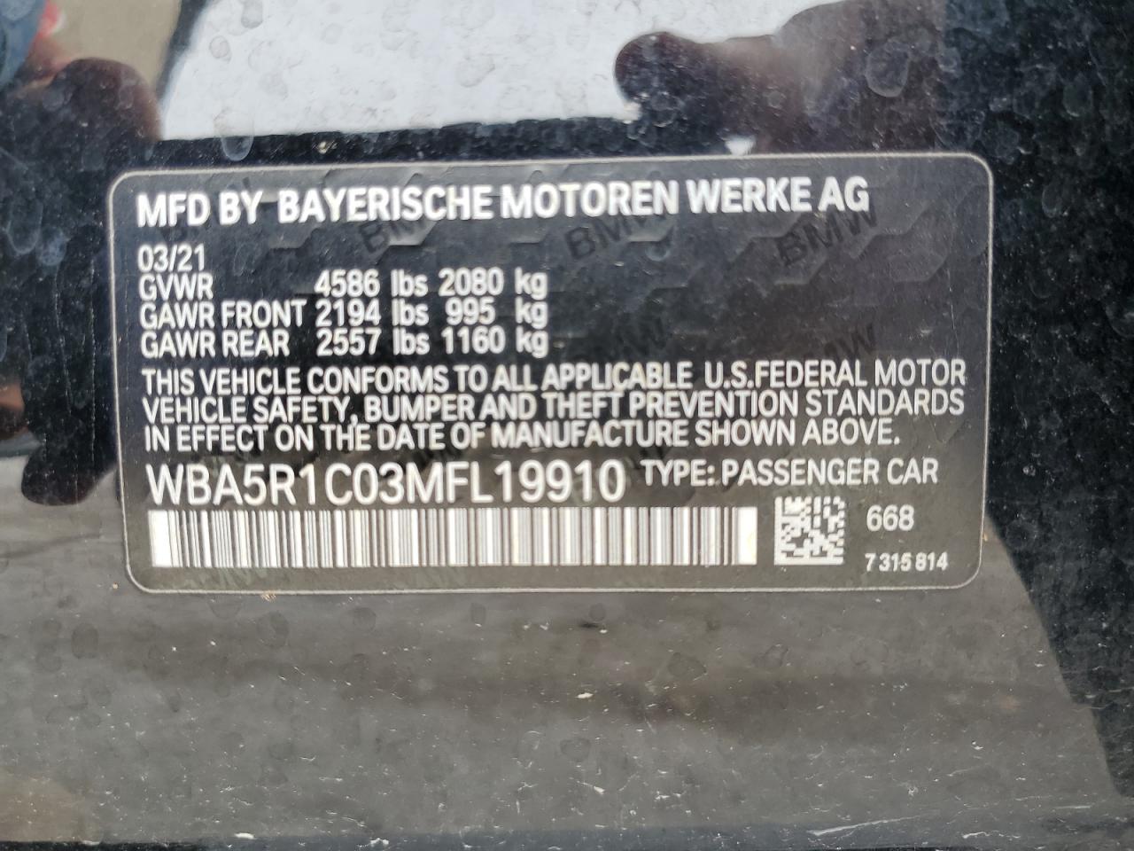 2021 BMW 330I VIN: WBA5R1C03MFL19910 Lot: 82042375