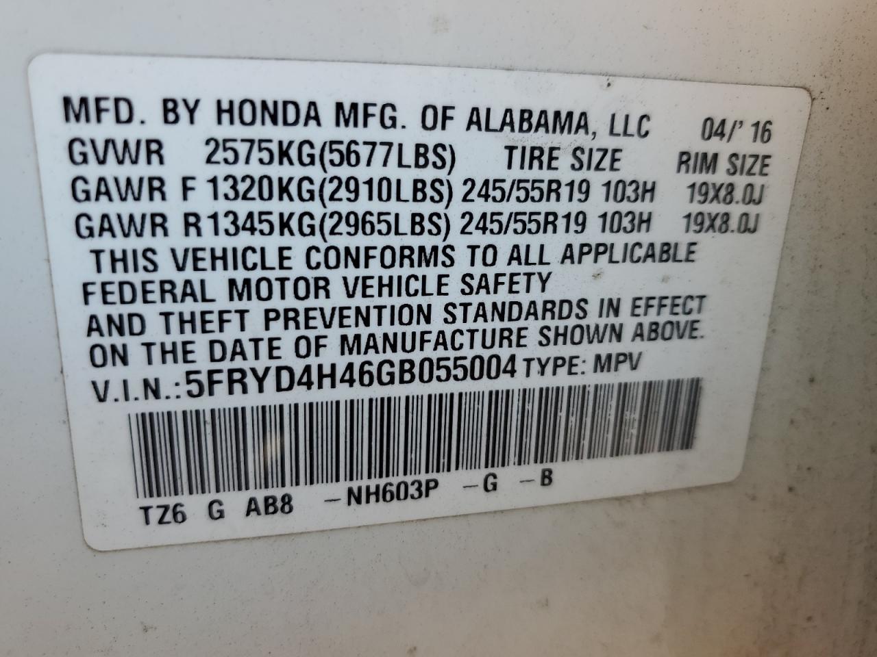 2016 Acura Mdx Technology VIN: 5FRYD4H46GB055004 Lot: 80145295