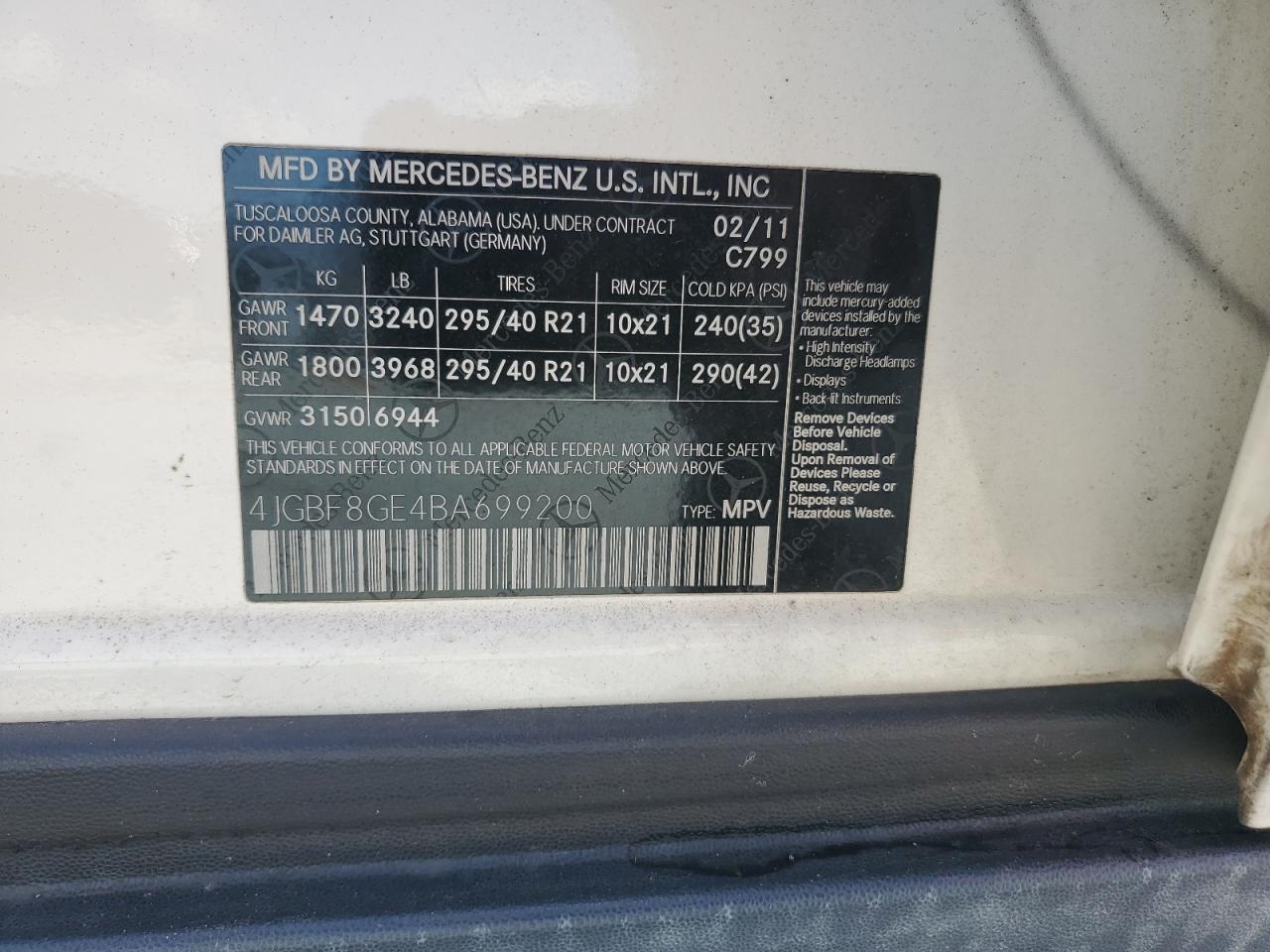 2011 Mercedes-Benz Gl 550 4Matic VIN: 4JGBF8GE4BA699200 Lot: 84392165