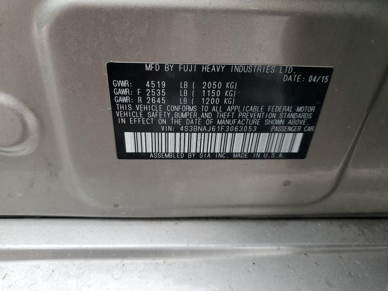 2015 Subaru Legacy 2.5I Limited VIN: 4S3BNAJ61F3063053 Lot: 81806935