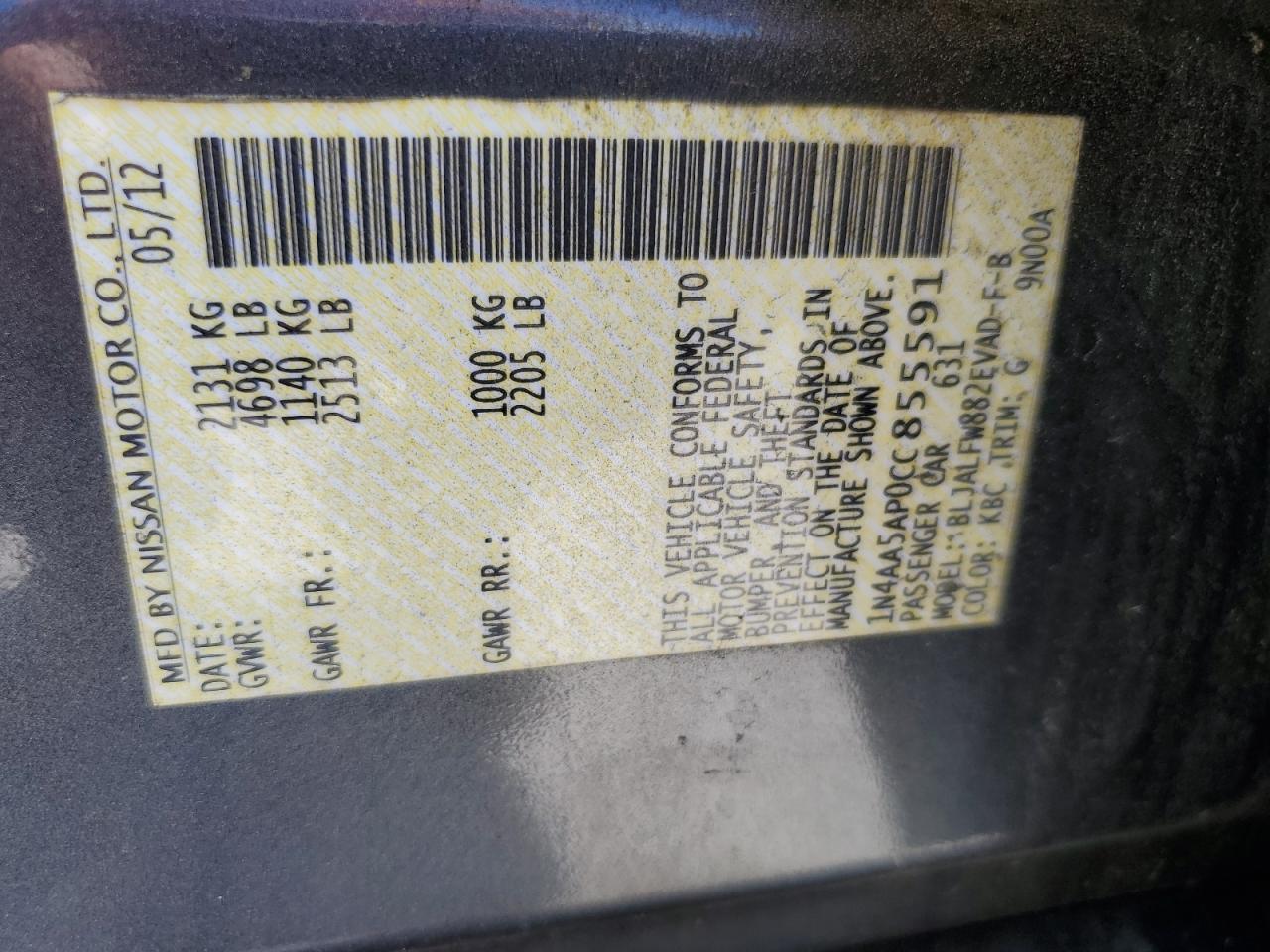 2012 Nissan Maxima S VIN: 1N4AA5AP0CC855591 Lot: 80812835
