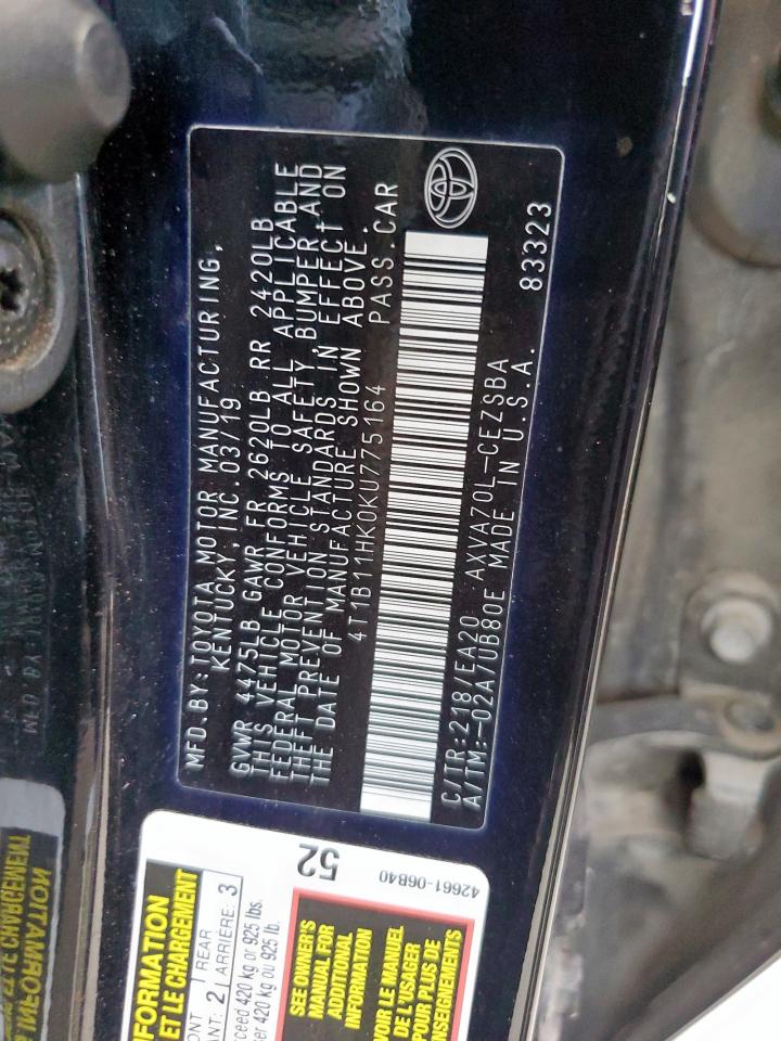 2019 Toyota Camry L VIN: 4T1B11HK0KU775164 Lot: 81481575