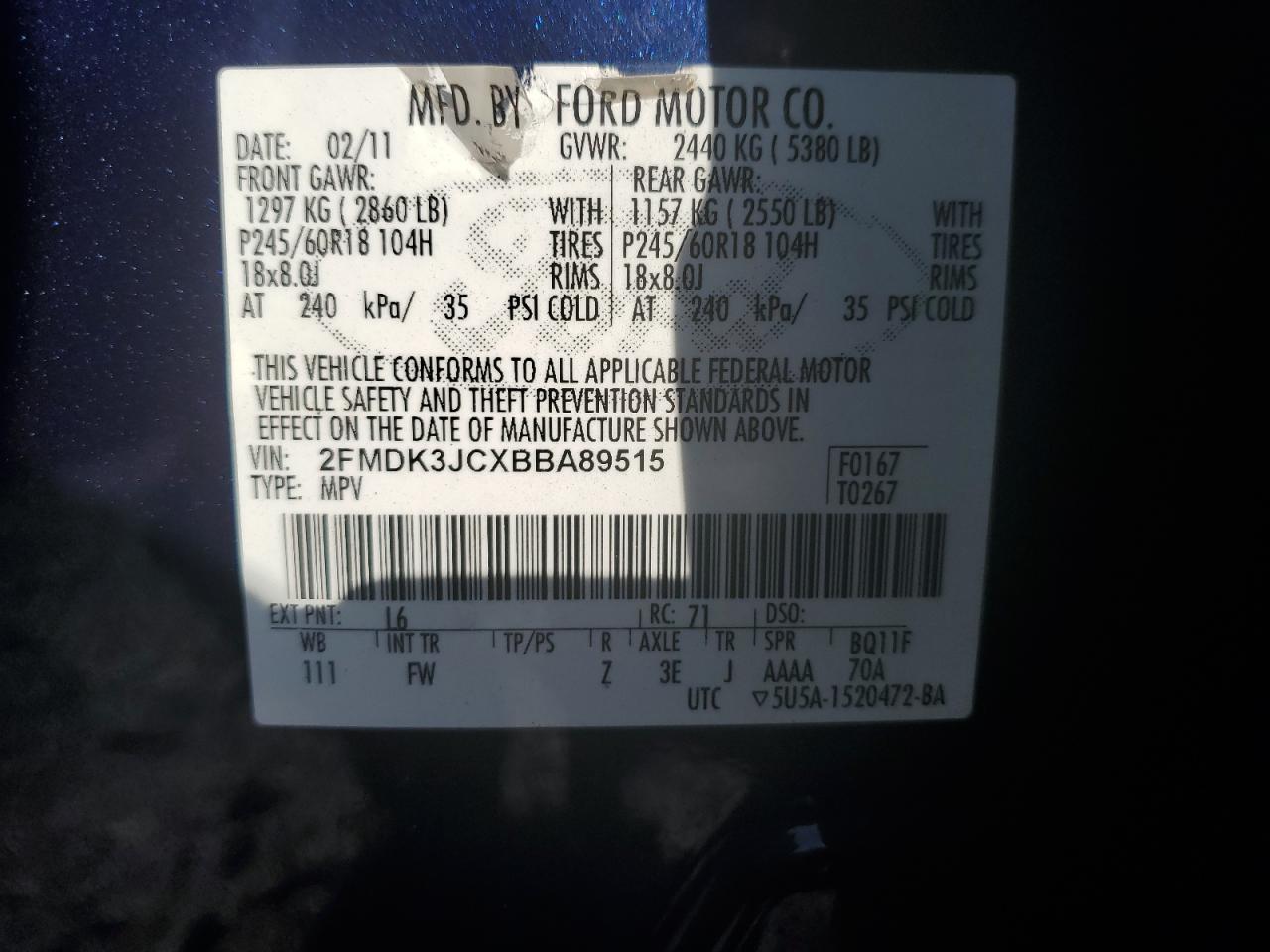2011 Ford Edge Sel VIN: 2FMDK3JCXBBA89515 Lot: 81737955