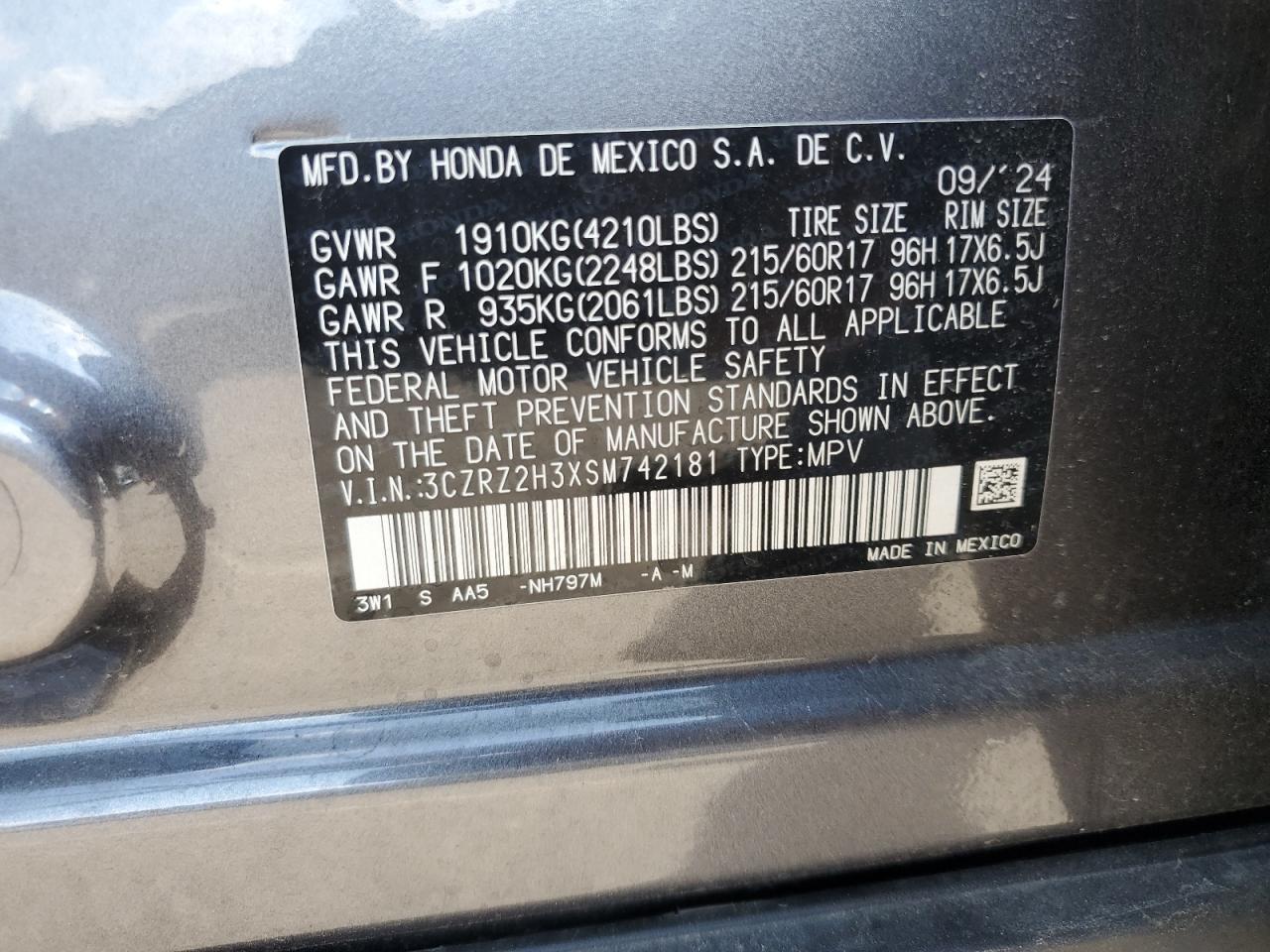 2025 Honda Hr-V Lx VIN: 3CZRZ2H3XSM742181 Lot: 81723485