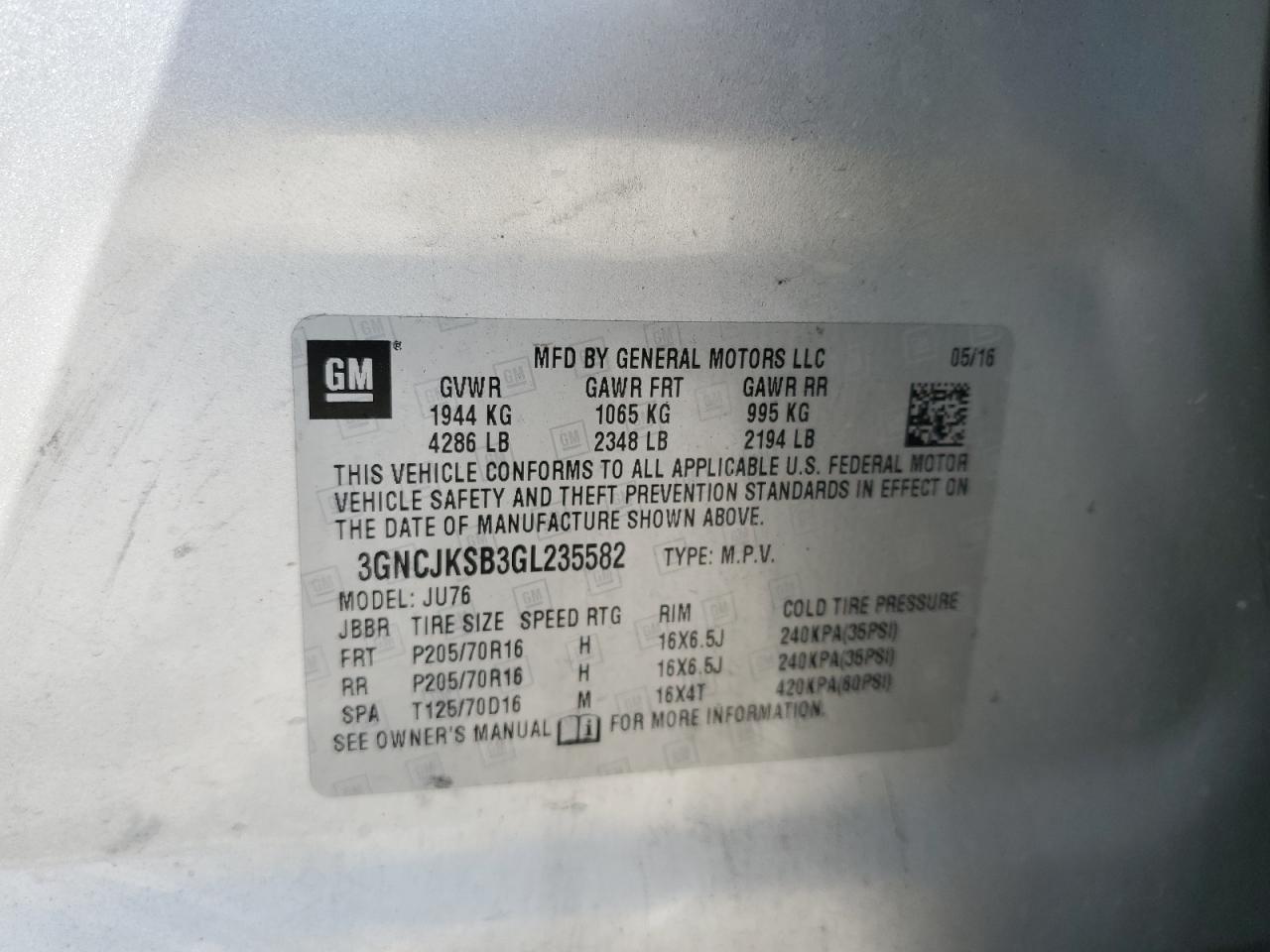 2016 Chevrolet Trax Ls VIN: 3GNCJKSB3GL235582 Lot: 81122825