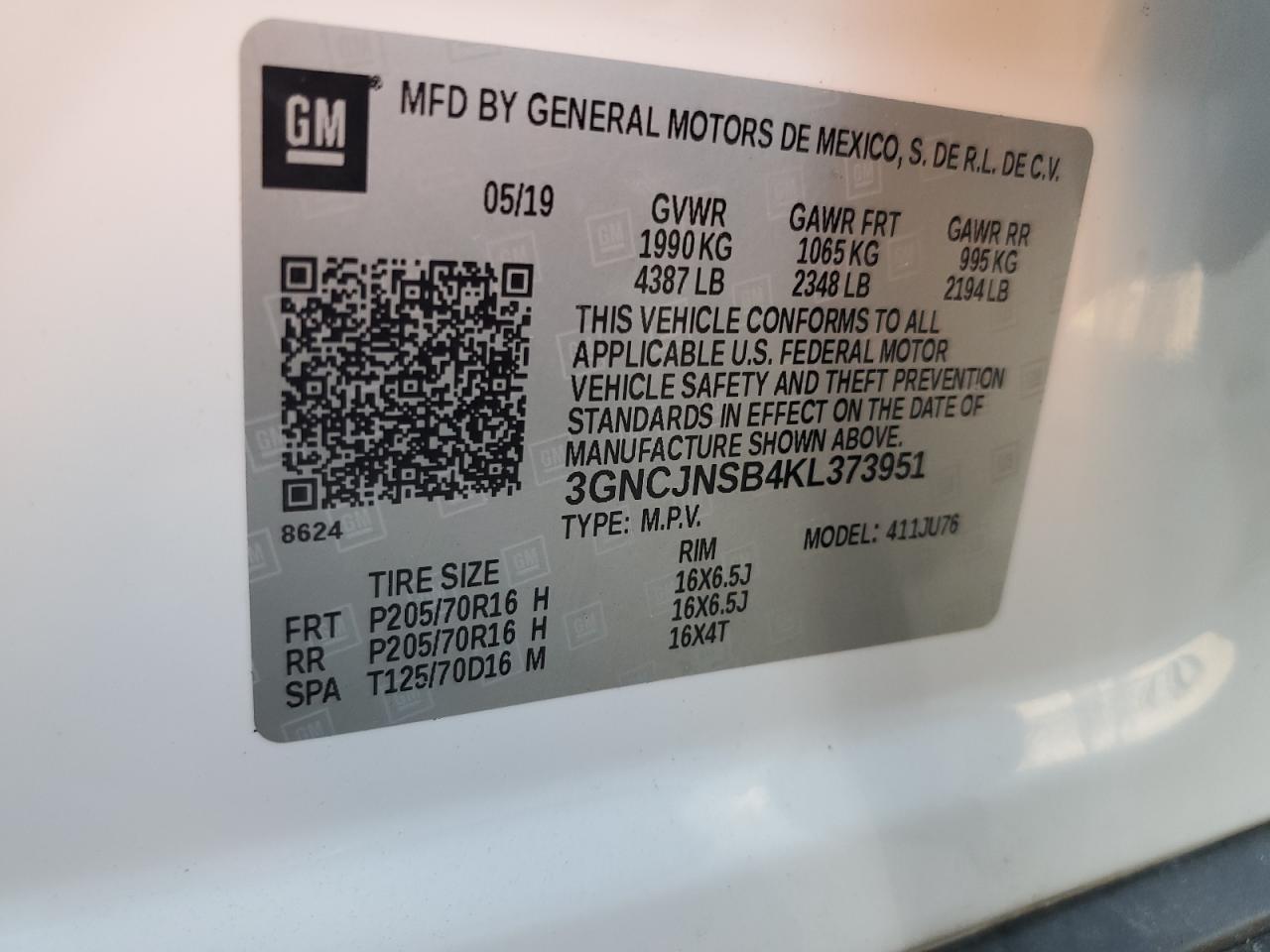 2019 Chevrolet Trax Ls VIN: 3GNCJNSB4KL373951 Lot: 81746045