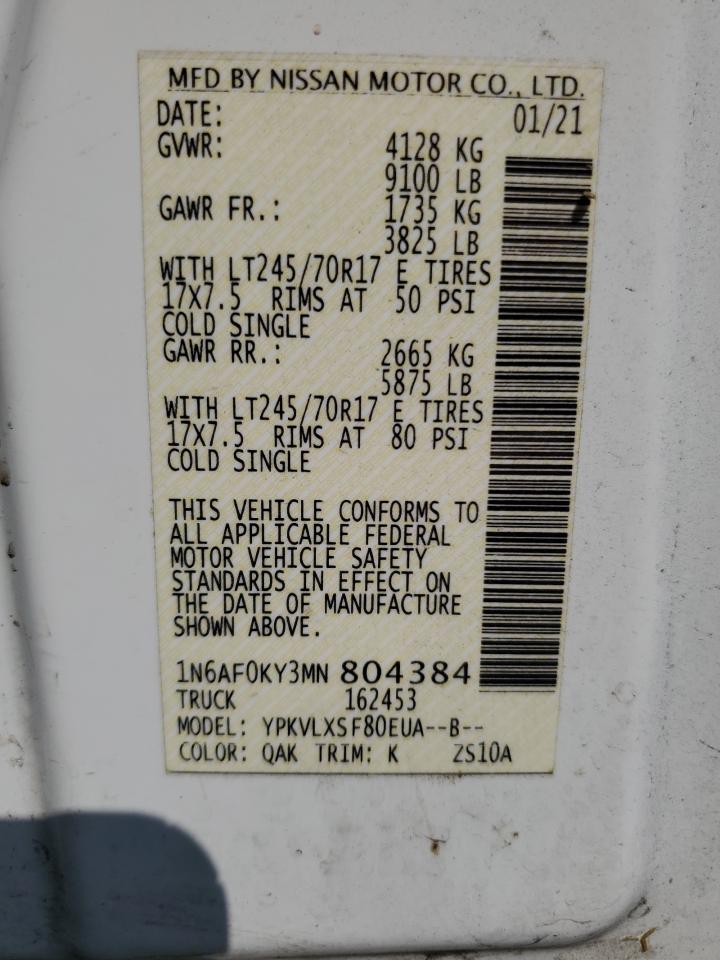 2021 Nissan Nv 2500 Sv VIN: 1N6AF0KY3MN804384 Lot: 80641275