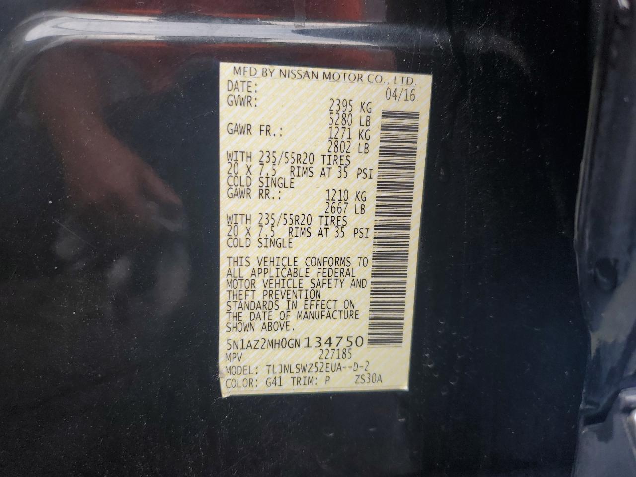 2016 Nissan Murano S VIN: 5N1AZ2MH0GN134750 Lot: 81580275