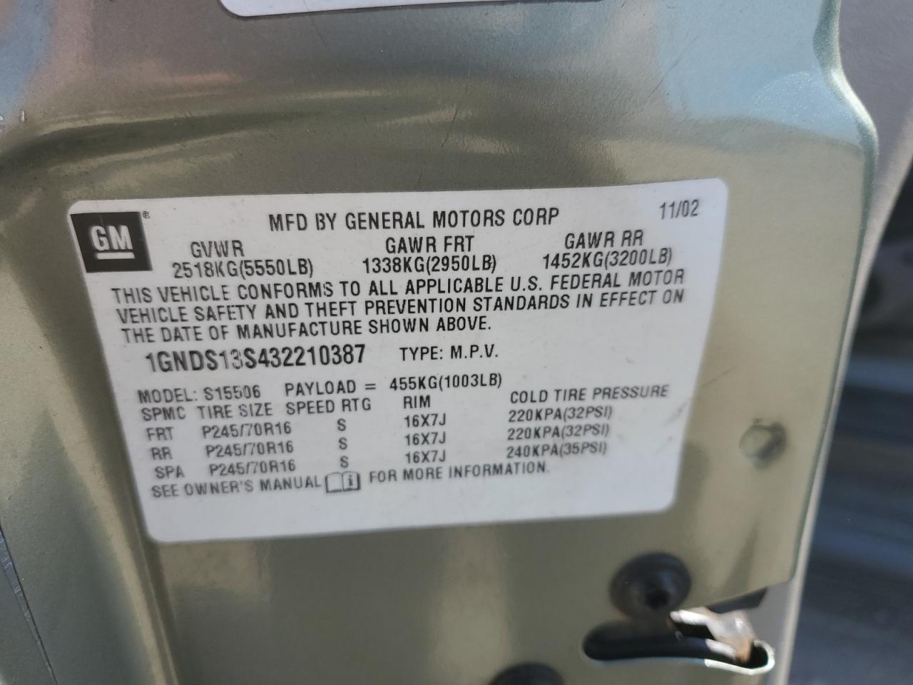 2003 Chevrolet Trailblazer VIN: 1GNDS13S432210387 Lot: 81075155