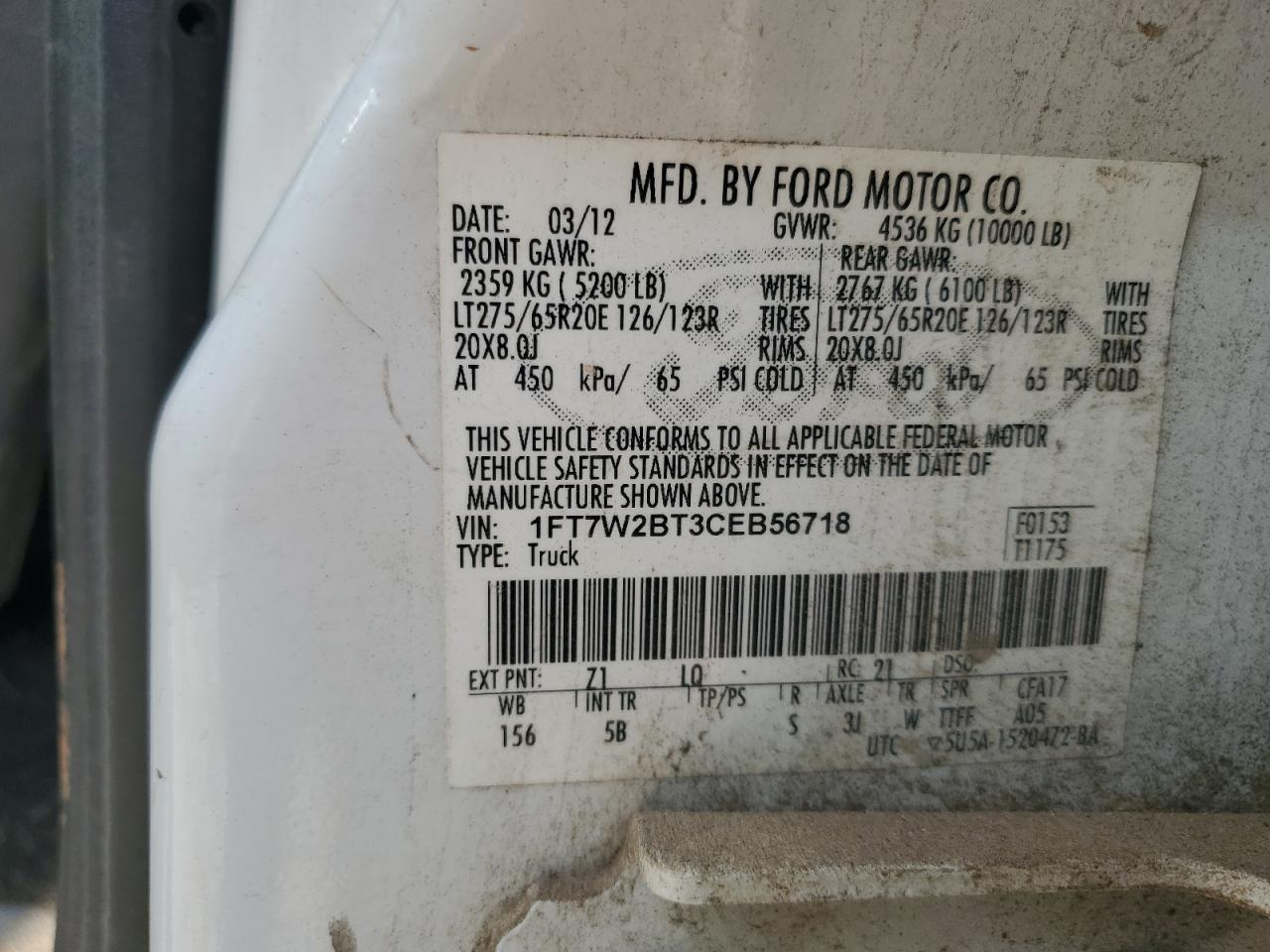 2012 Ford F250 Super Duty VIN: 1FT7W2BT3CEB56718 Lot: 70821245