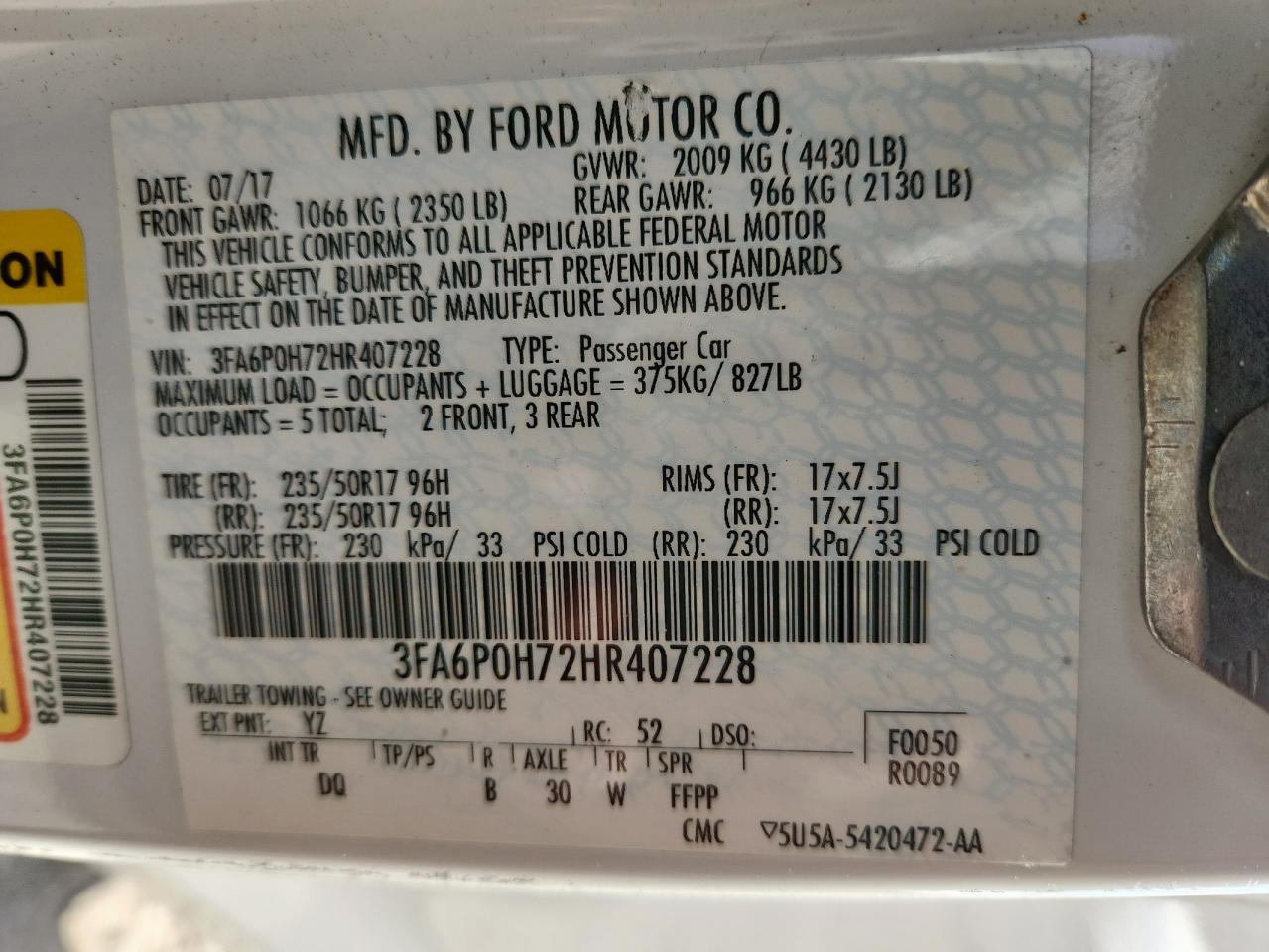 2017 Ford Fusion Se VIN: 3FA6P0H72HR407228 Lot: 83848155