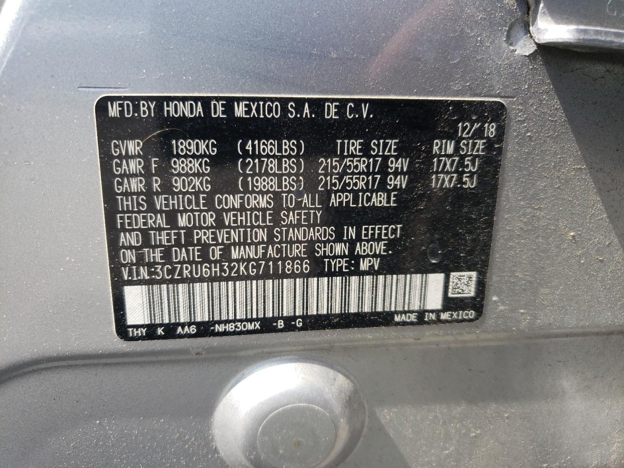 2019 Honda Hr-V Lx VIN: 3CZRU6H32KG711866 Lot: 81716475