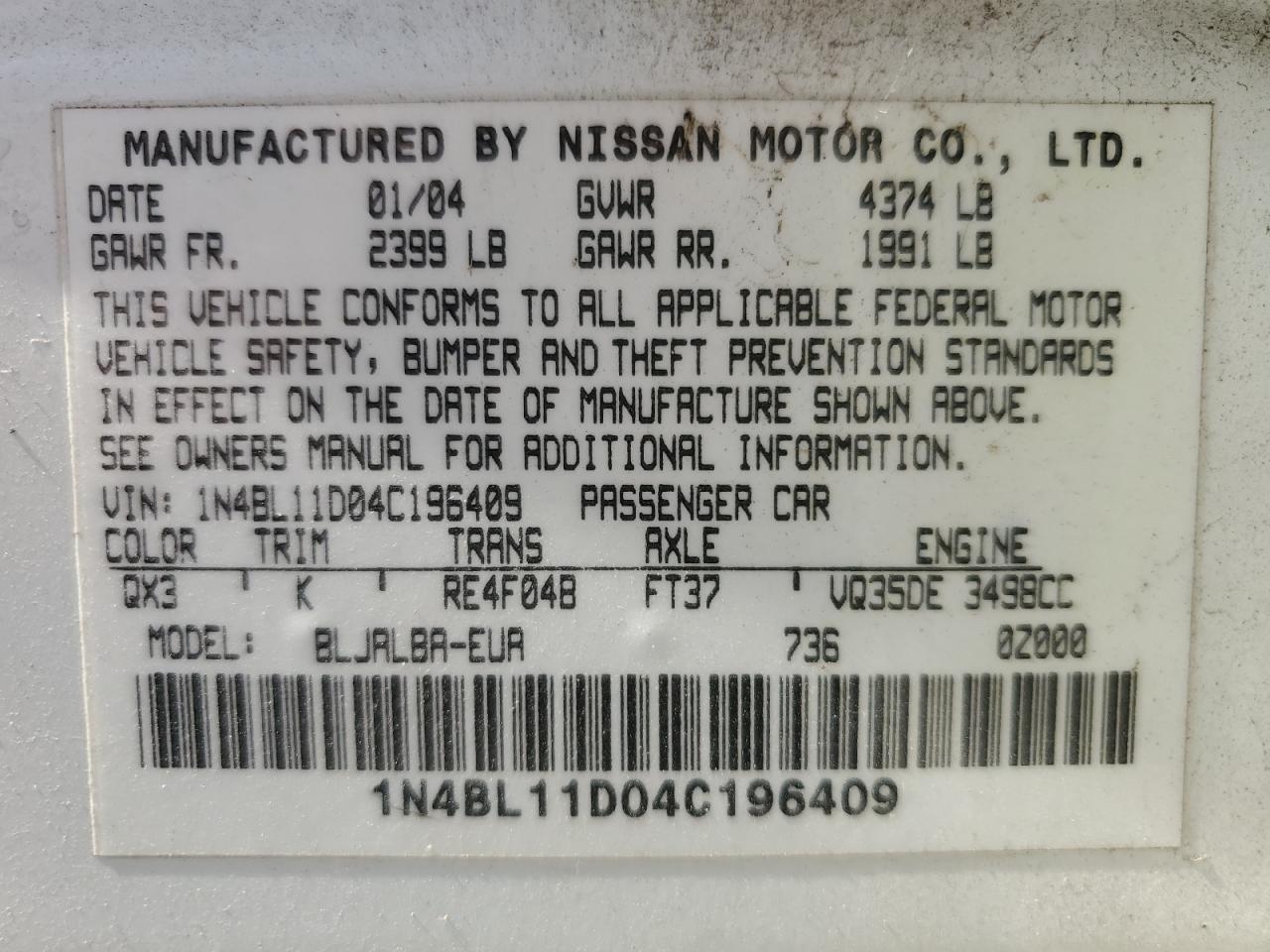 2004 Nissan Altima Se VIN: 1N4BL11D04C196409 Lot: 69782995
