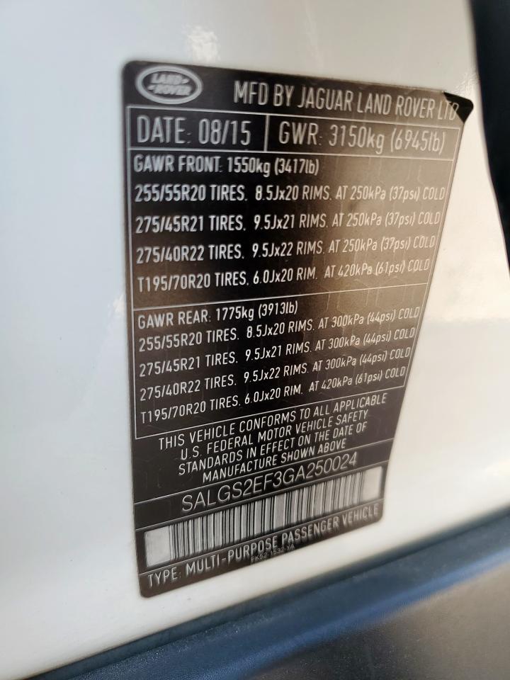 2016 Land Rover Range Rover Supercharged VIN: SALGS2EF3GA250024 Lot: 81067255