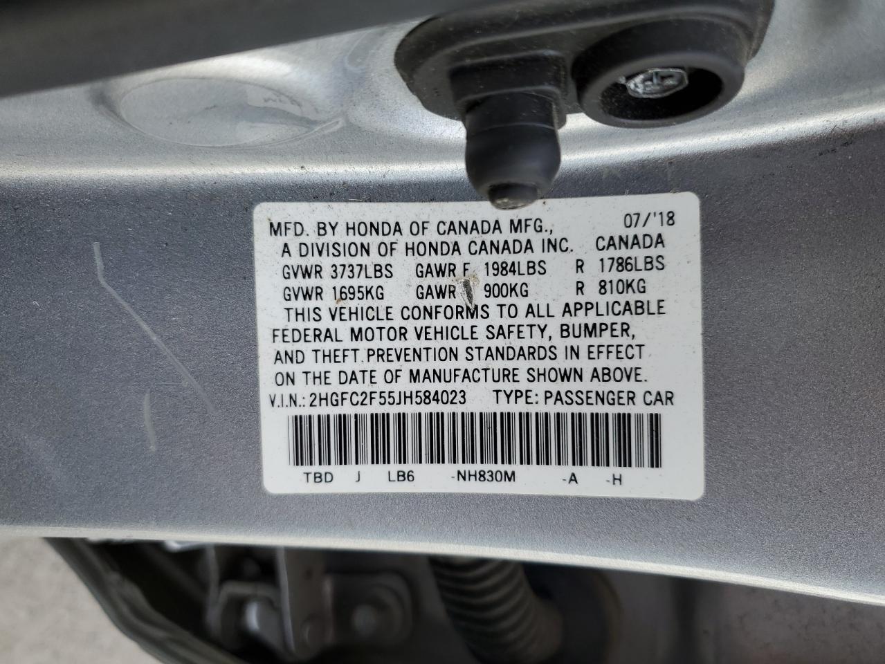 2018 Honda Civic Lx VIN: 2HGFC2F55JH584023 Lot: 84850005