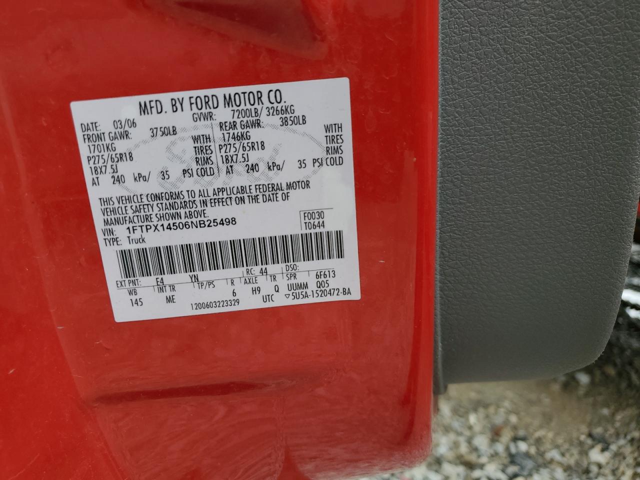 2006 Ford F150 VIN: 1FTPX14506NB25498 Lot: 83965675