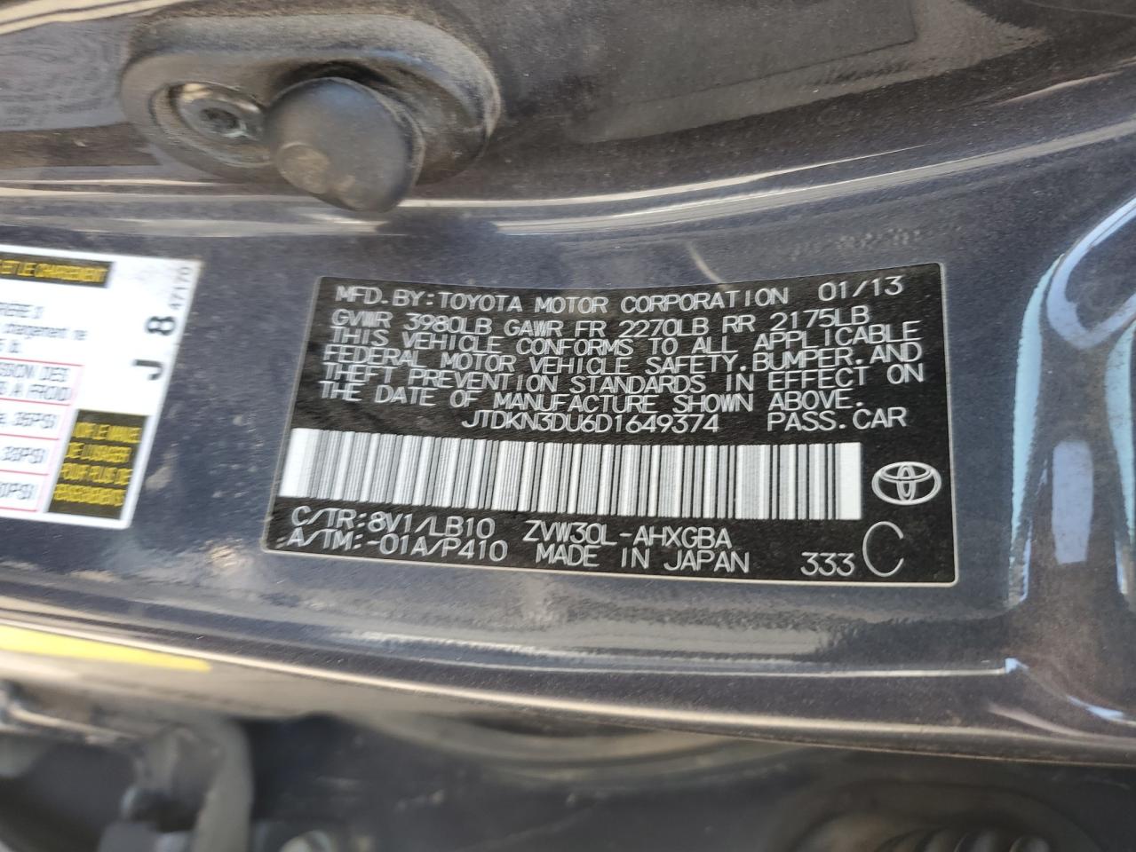 2013 Toyota Prius VIN: JTDKN3DU6D1649374 Lot: 80339025