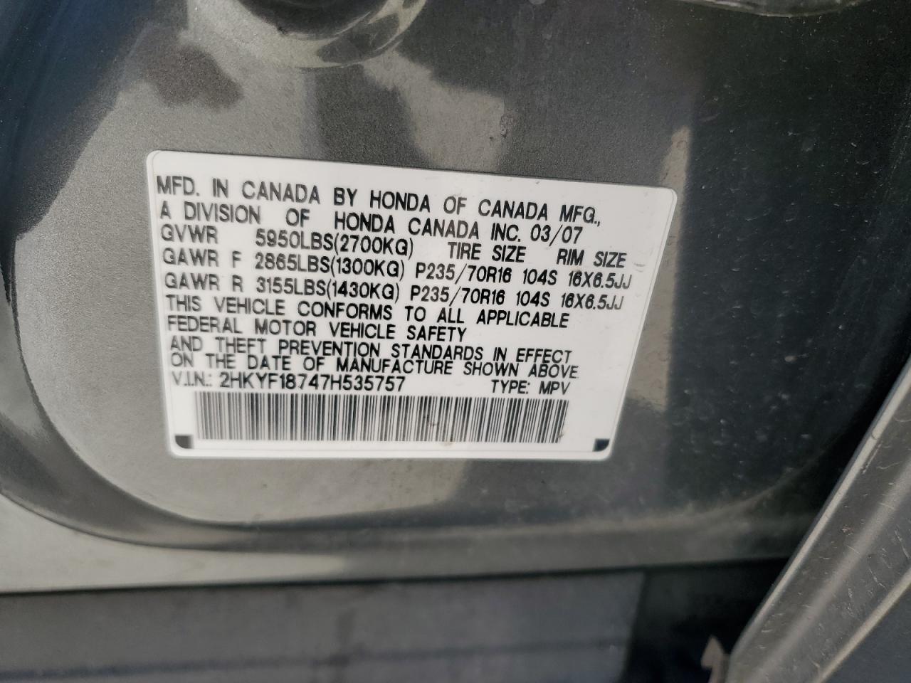 2007 Honda Pilot Exl VIN: 2HKYF18747H535757 Lot: 80583585