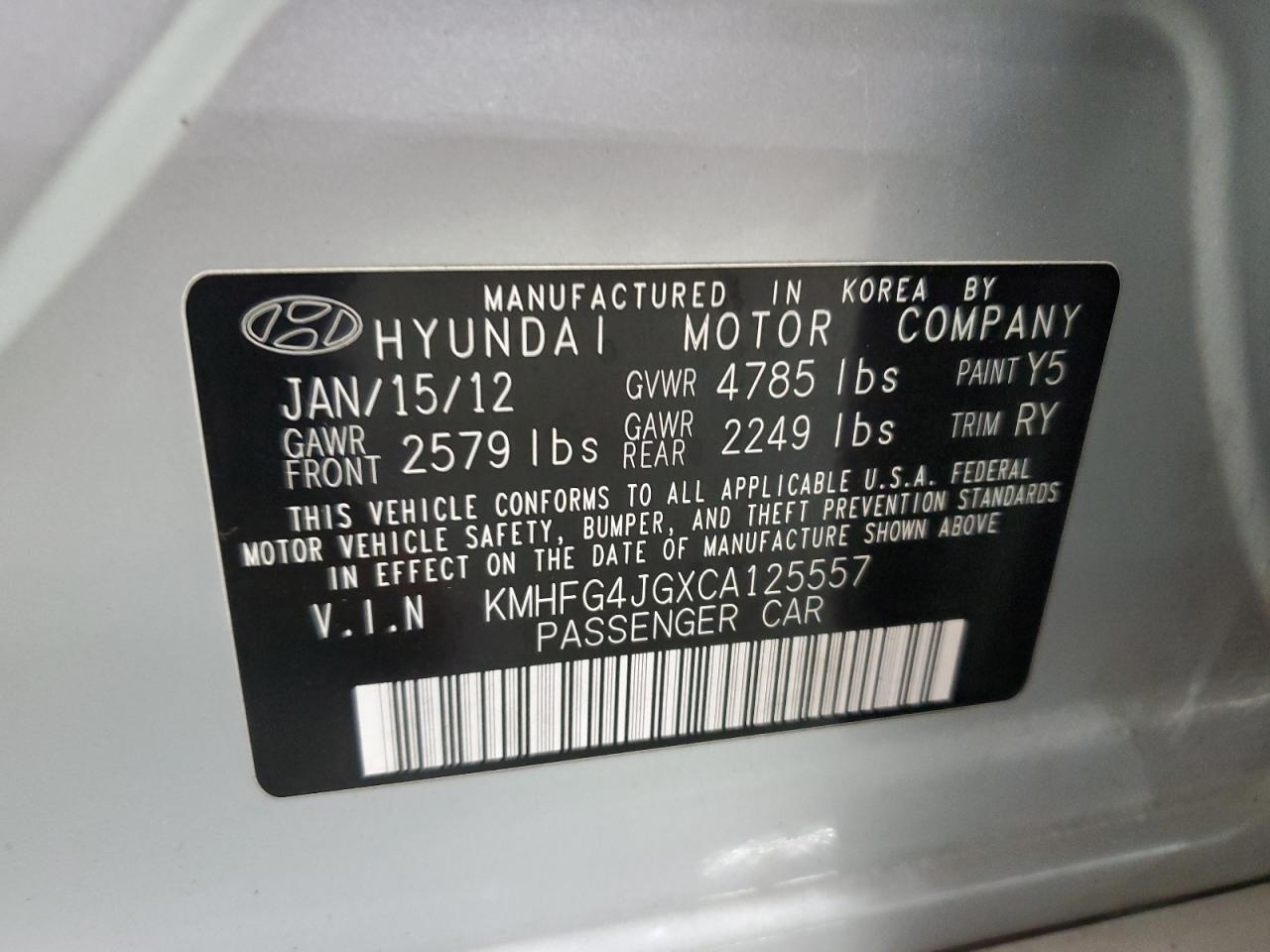 2012 Hyundai Azera Gls VIN: KMHFG4JGXCA125557 Lot: 80189105