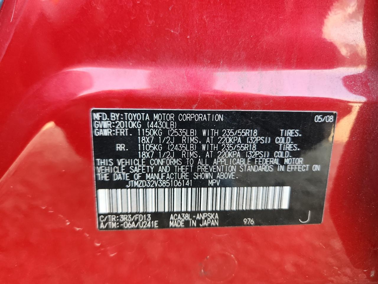 2008 Toyota Rav4 Sport VIN: JTMZD32V385106141 Lot: 81057605