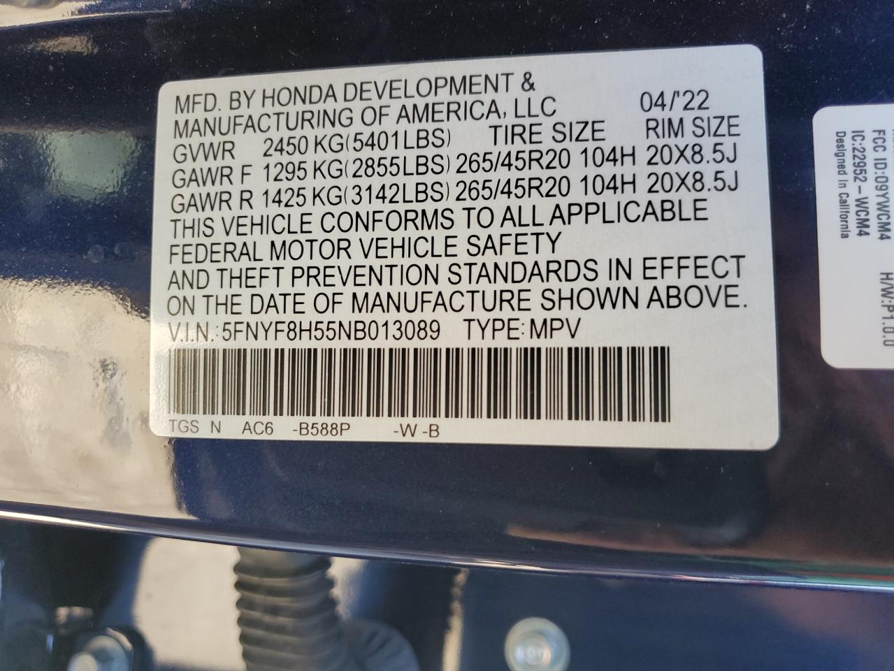 2022 Honda Passport Exl VIN: 5FNYF8H55NB013089 Lot: 84542875