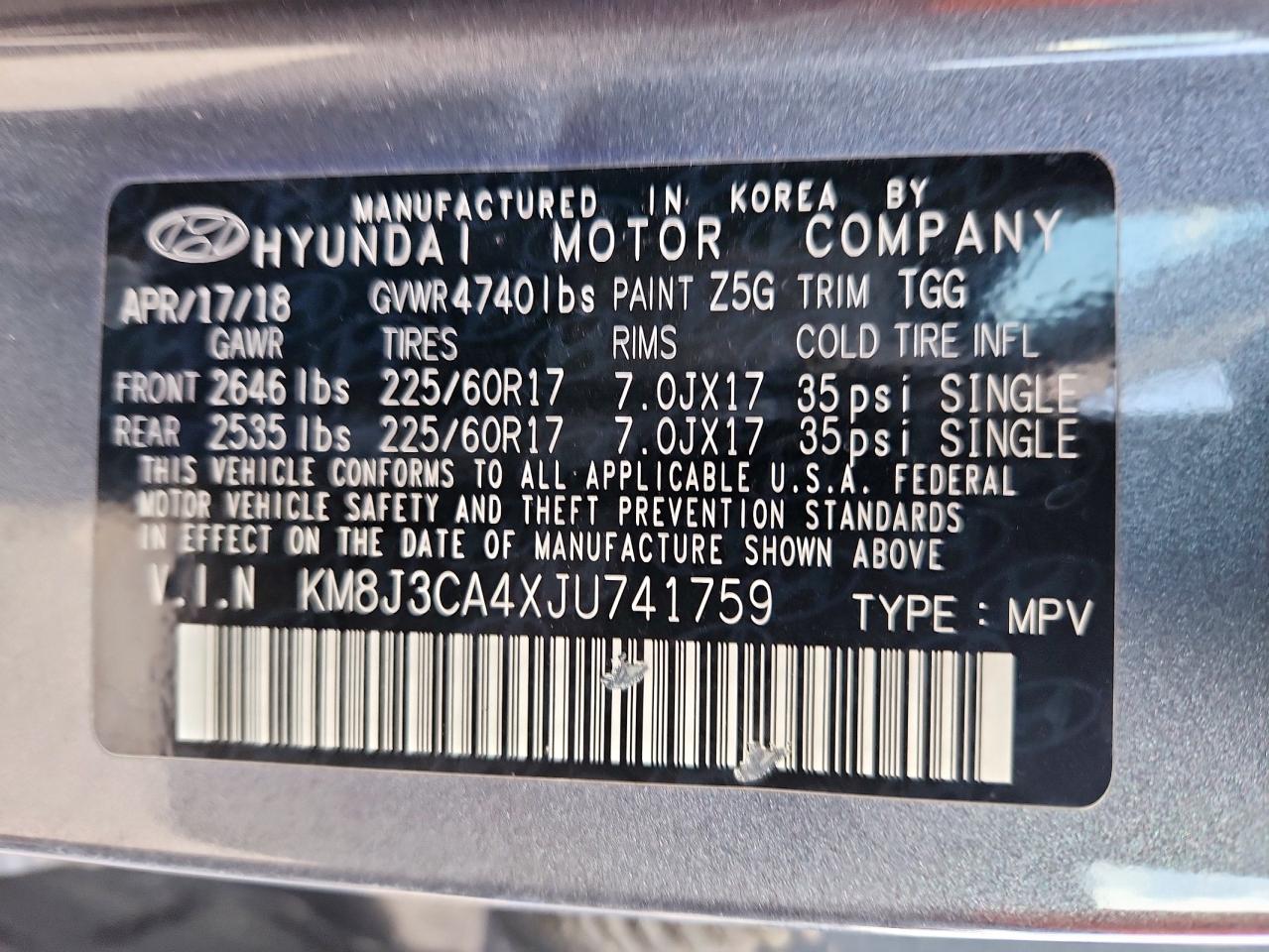 2018 Hyundai Tucson Sel VIN: KM8J3CA4XJU741759 Lot: 83848945