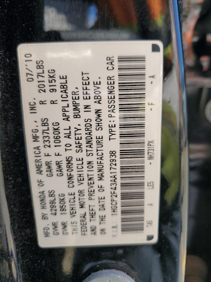2010 Honda Accord Lxp VIN: 1HGCP2F43AA172938 Lot: 82060425