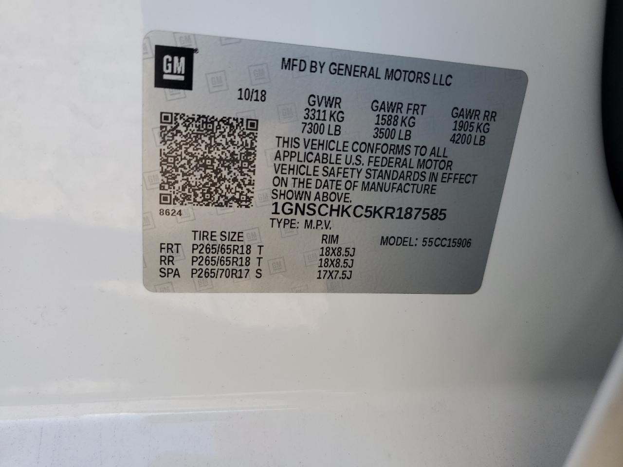 2019 Chevrolet Suburban C1500 Lt VIN: 1GNSCHKC5KR187585 Lot: 70042135