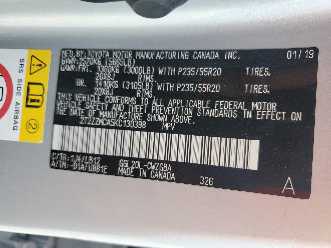 2019 Lexus Rx 350 Base VIN: 2T2ZZMCA5KC130398 Lot: 81030145