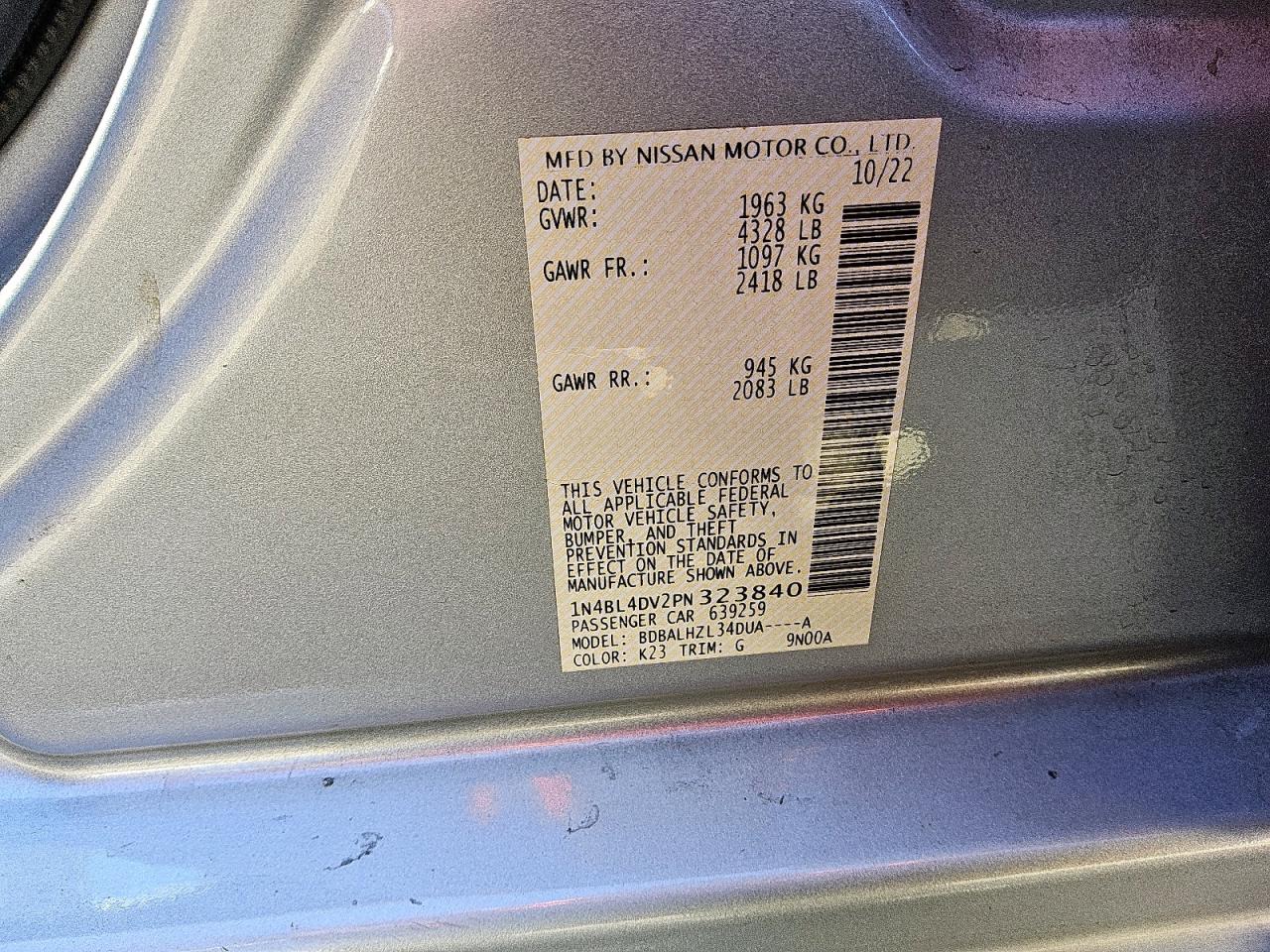 2023 Nissan Altima Sv VIN: 1N4BL4DV2PN323840 Lot: 84233965