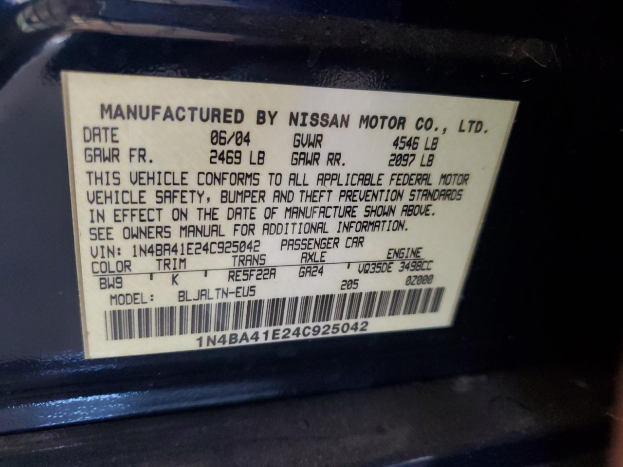 2004 Nissan Maxima Se VIN: 1N4BA41E24C925042 Lot: 72030145