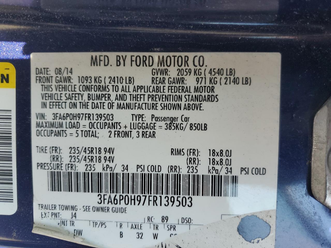 2015 Ford Fusion Se VIN: 3FA6P0H97FR139503 Lot: 80489905