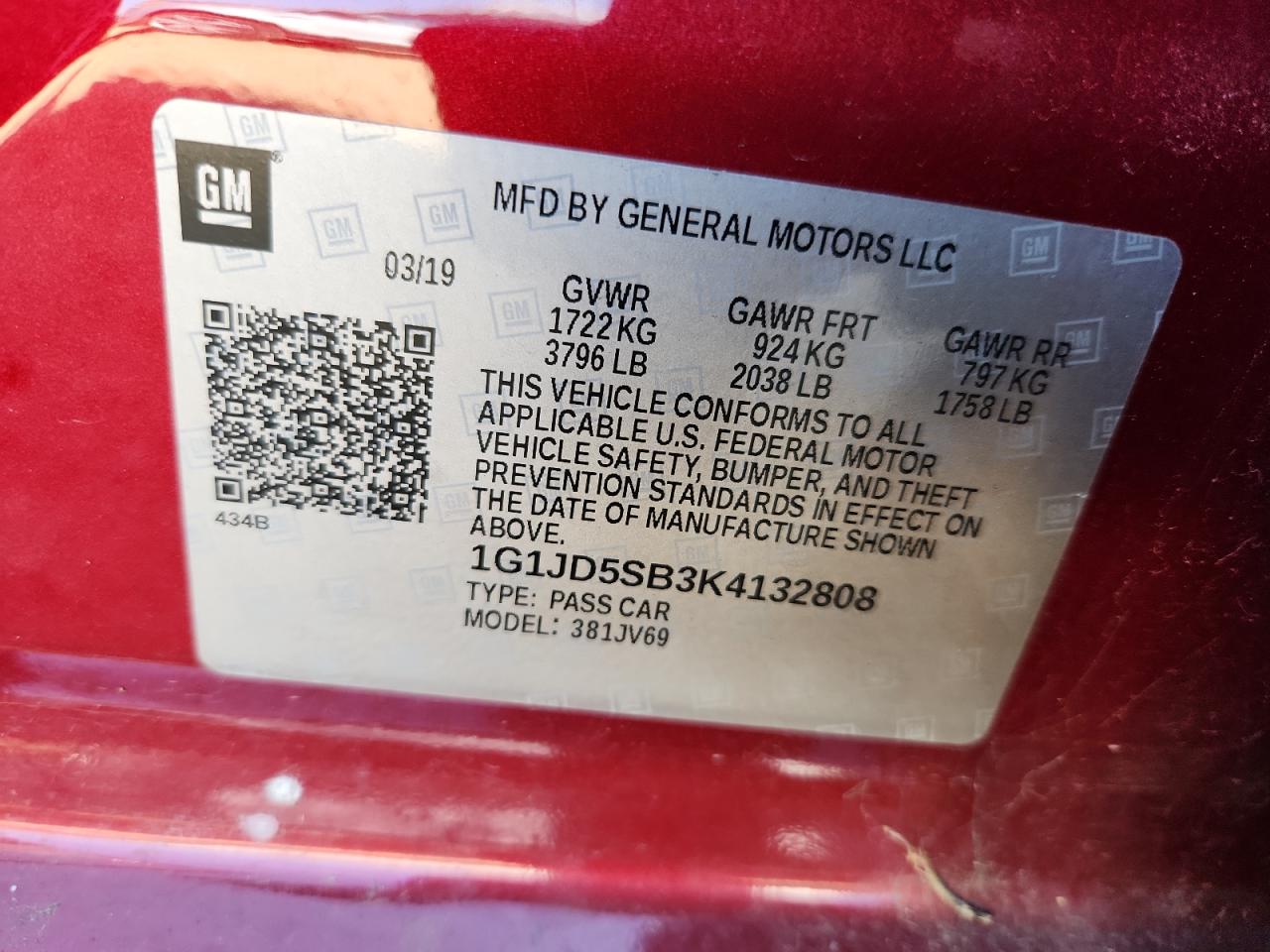 2019 Chevrolet Sonic Lt VIN: 1G1JD5SB3K4132808 Lot: 84467785