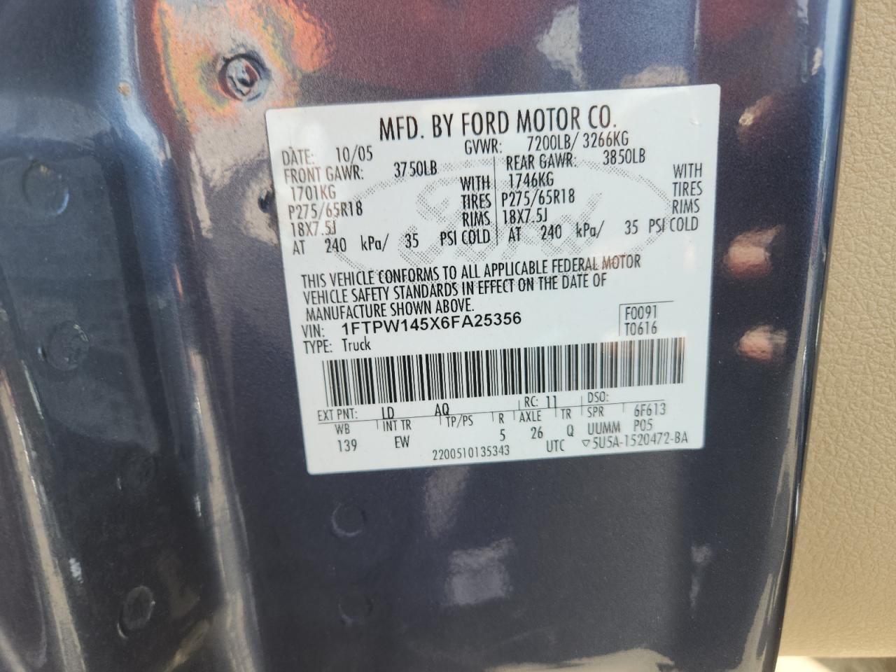 2006 Ford F150 Supercrew VIN: 1FTPW145X6FA25356 Lot: 72084055