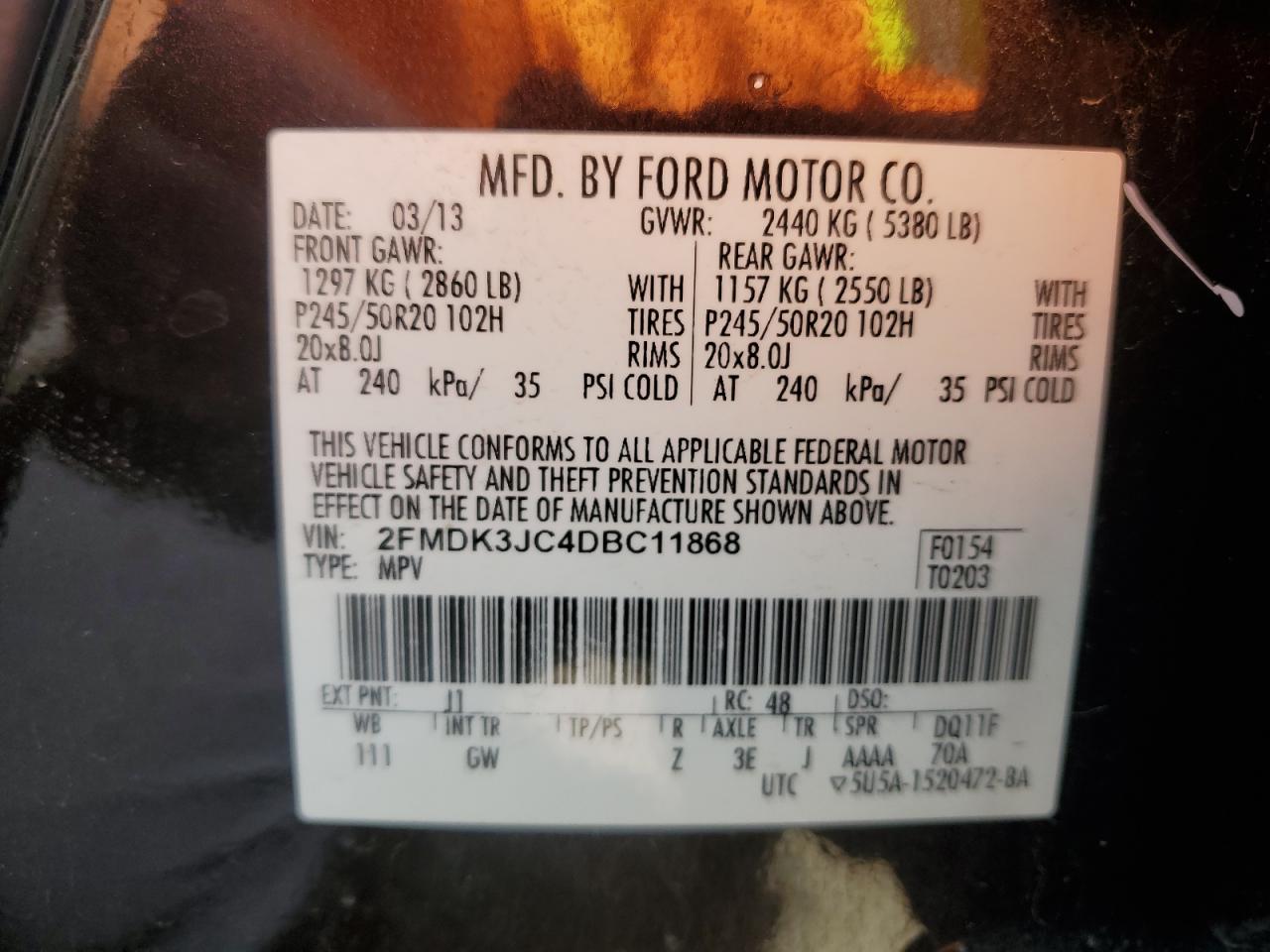 2013 Ford Edge Sel VIN: 2FMDK3JC4DBC11868 Lot: 80803385