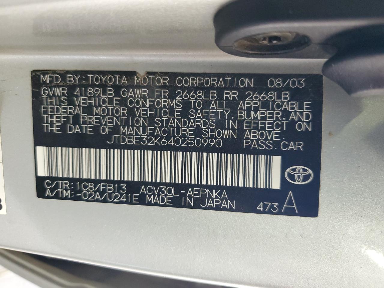 2004 Toyota Camry Le VIN: JTDBE32K640250990 Lot: 80534935