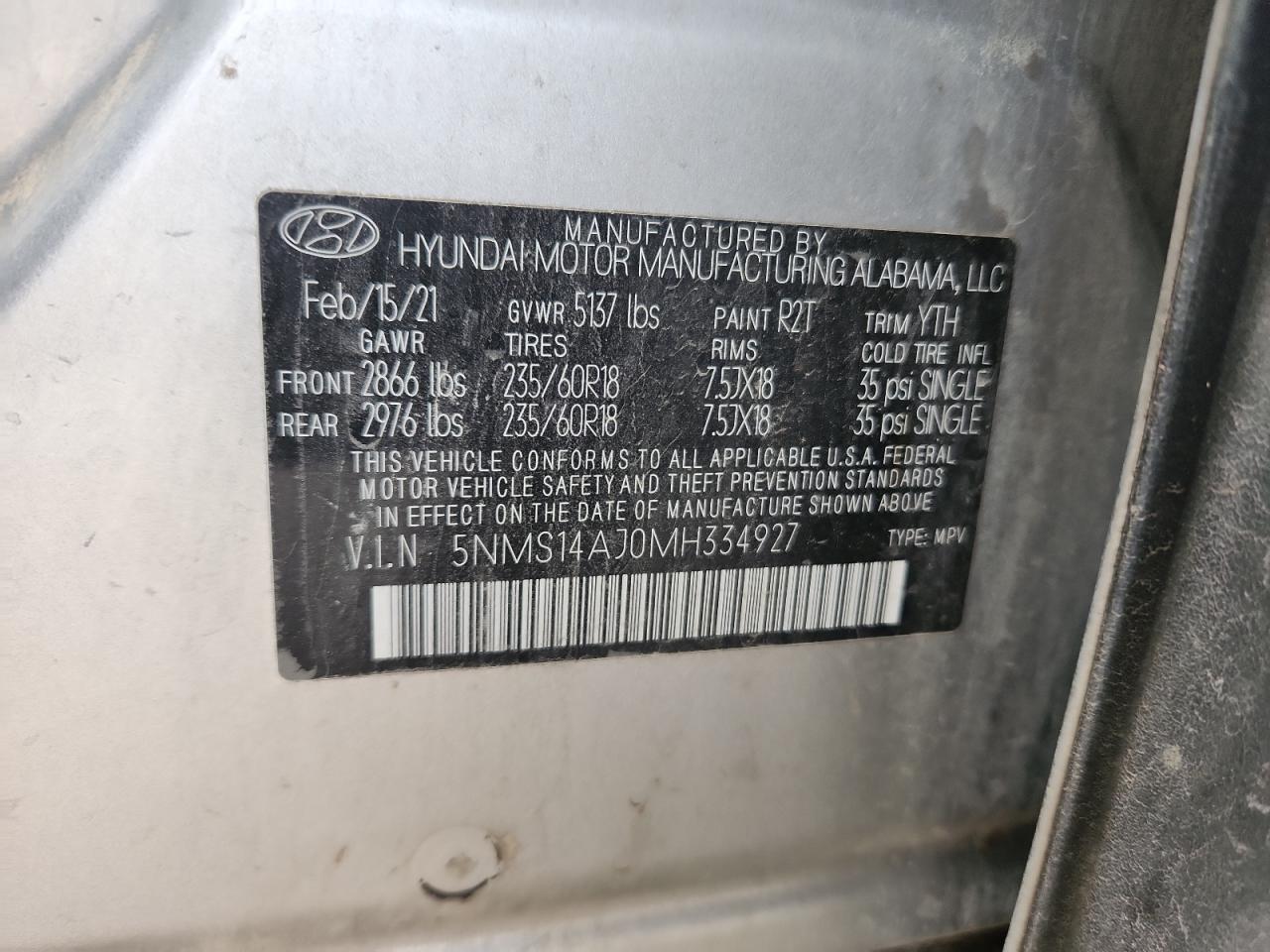 2021 Hyundai Santa Fe Se VIN: 5NMS14AJ0MH334927 Lot: 84216215