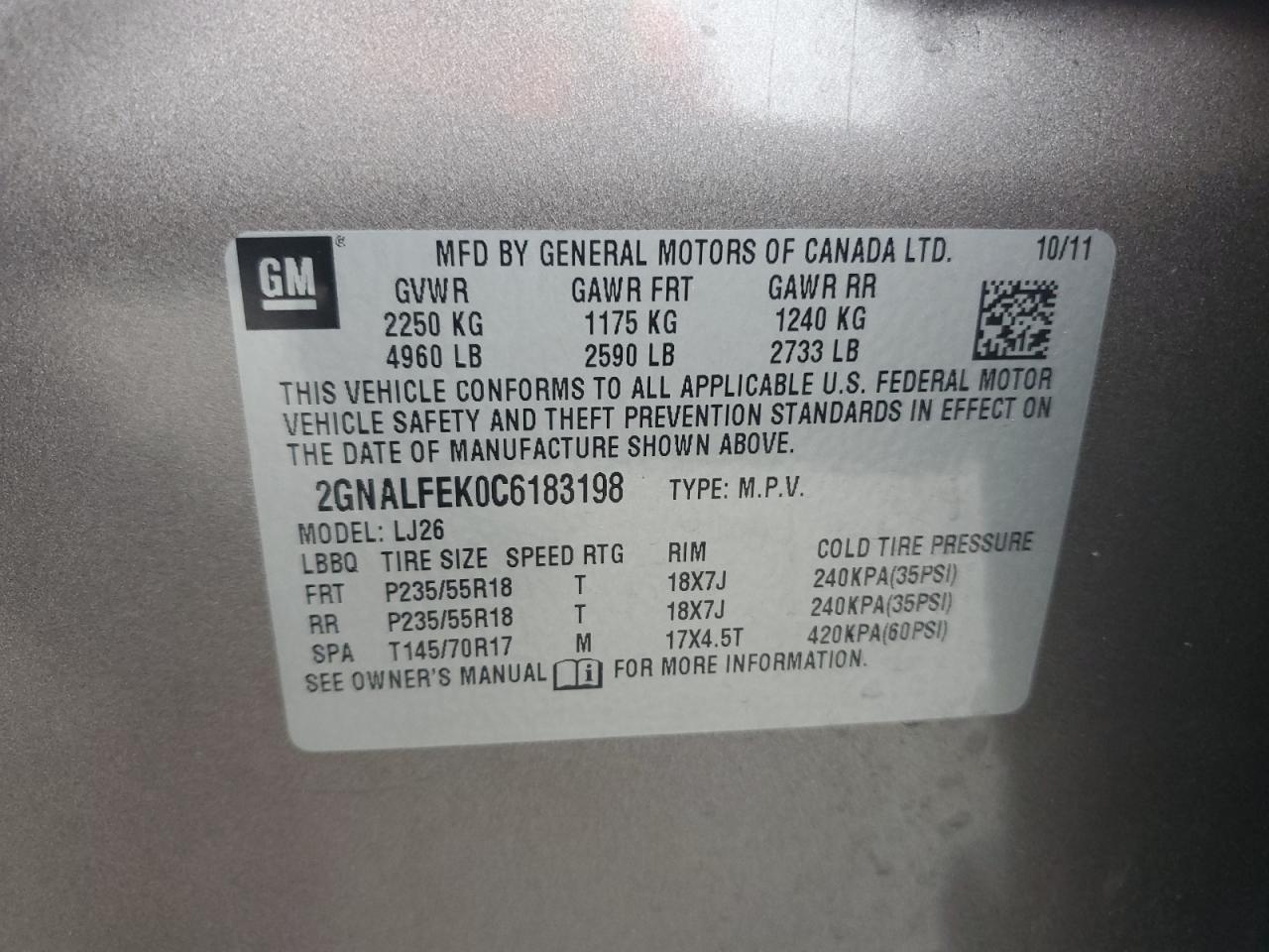 2012 Chevrolet Equinox Ltz VIN: 2GNALFEK0C6183198 Lot: 84041245