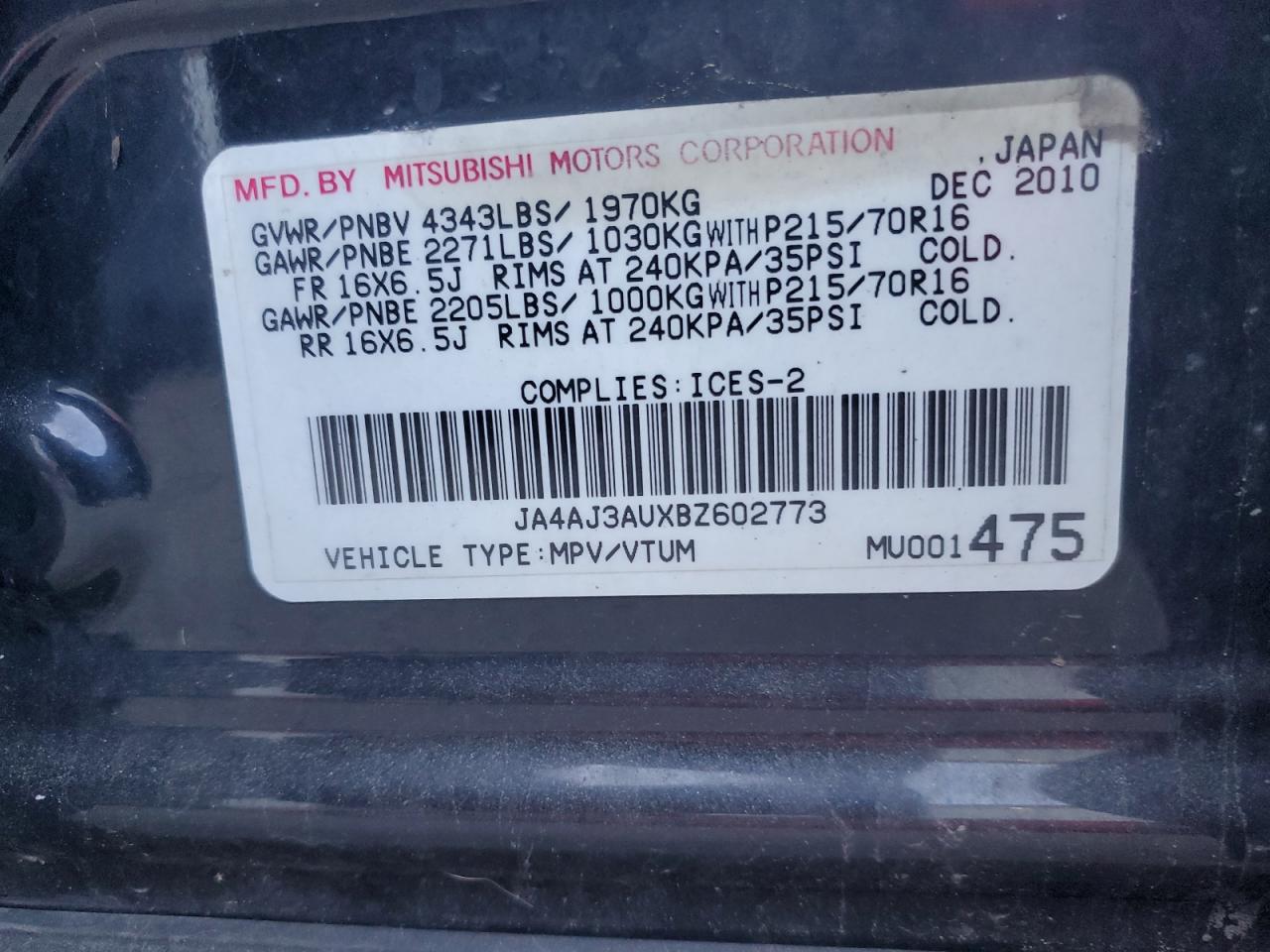 2011 Mitsubishi Rvr Se VIN: JA4AJ3AUXBZ602773 Lot: 81600865