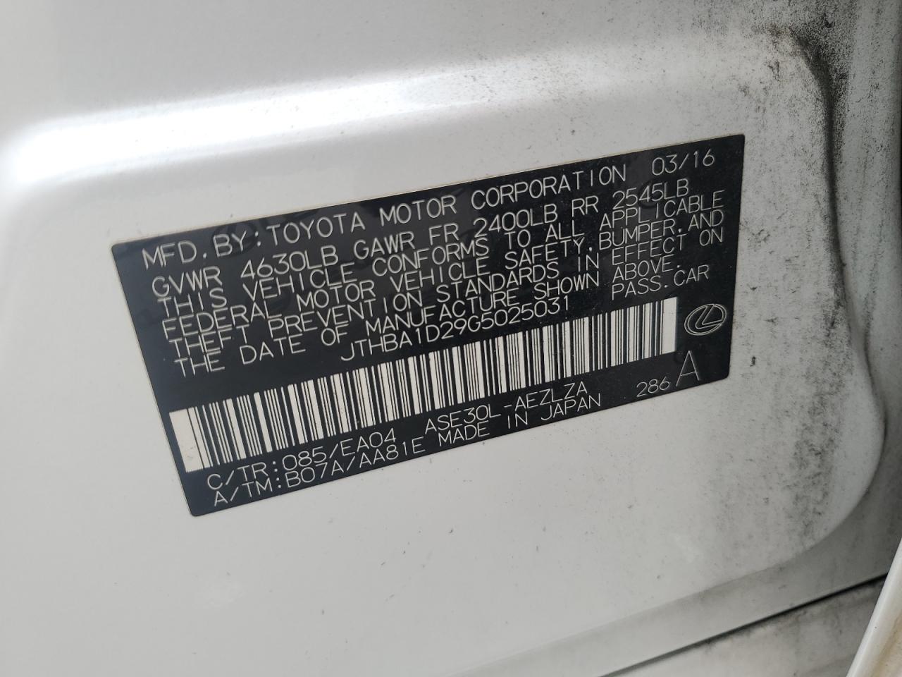 2016 Lexus Is 200T VIN: JTHBA1D29G5025031 Lot: 84415695